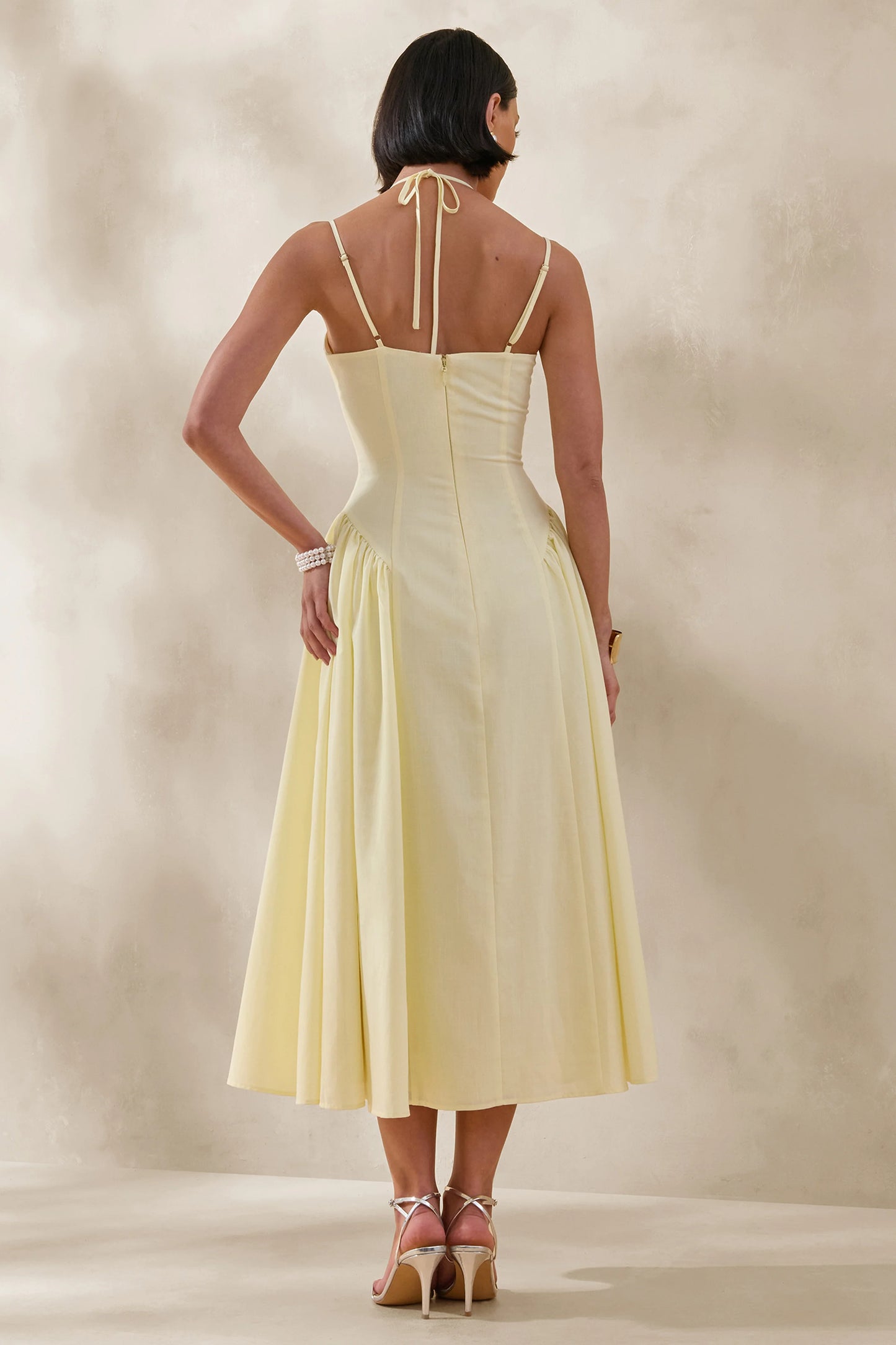 Audrey Lemon Sweetheart-Neck Midi Dress With Ruching Detail
