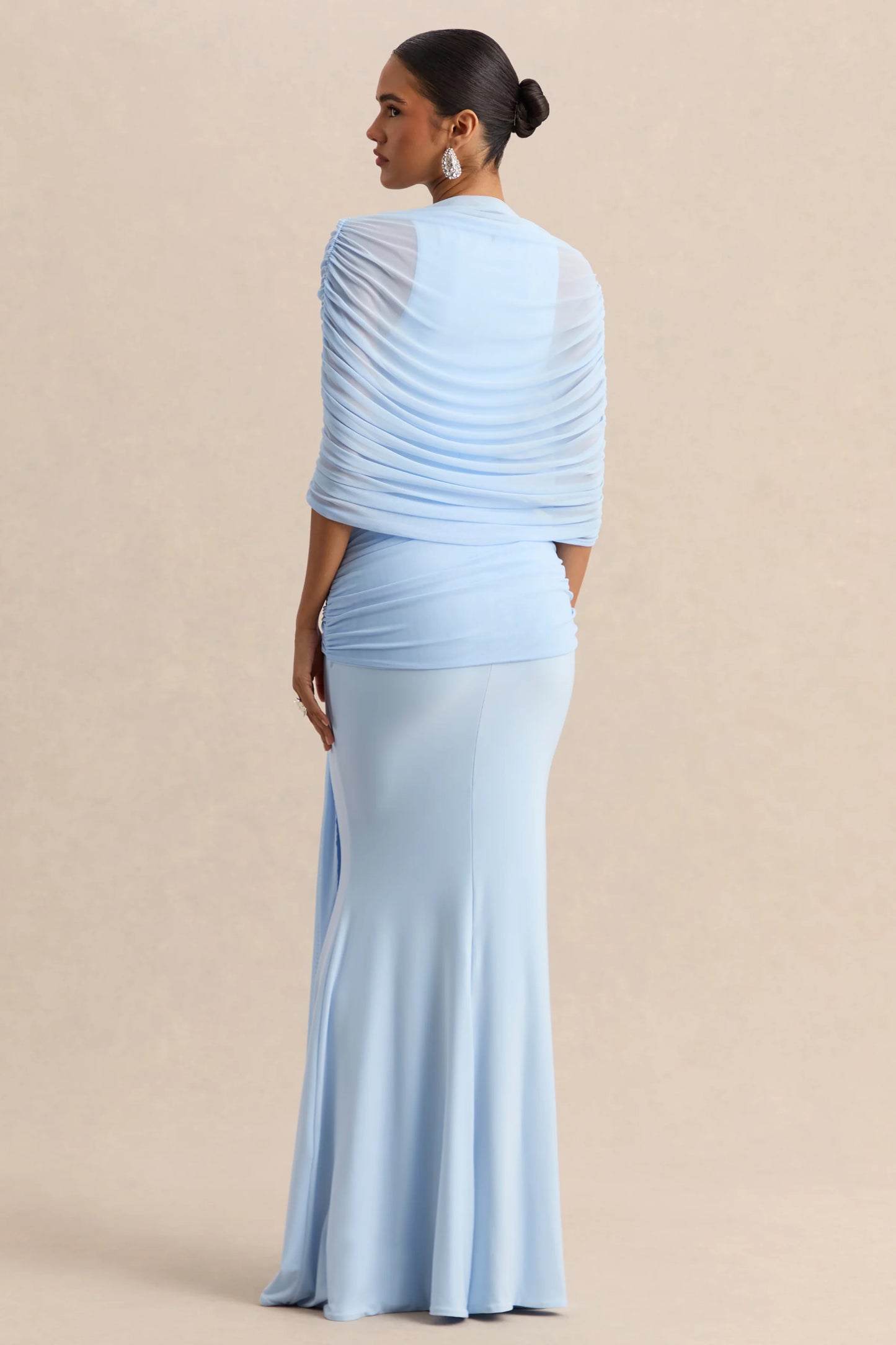 Mirene Powder Blue Round-Neck Maxi-Dress With Gathered-Detailing And Sash