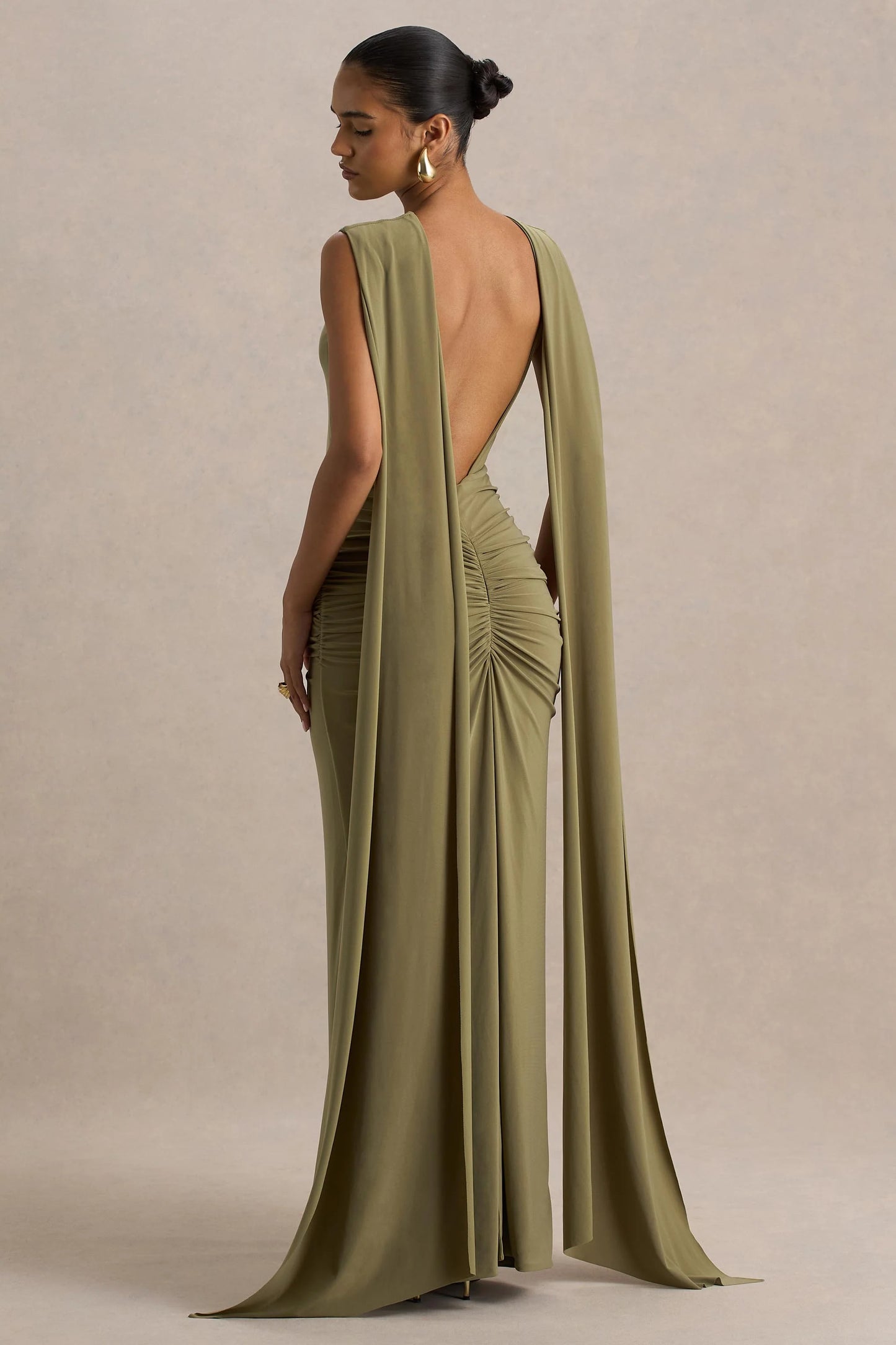 Premiere Olive Boat-Neck Maxi Dress With Cape-Sleeves And Open-Back