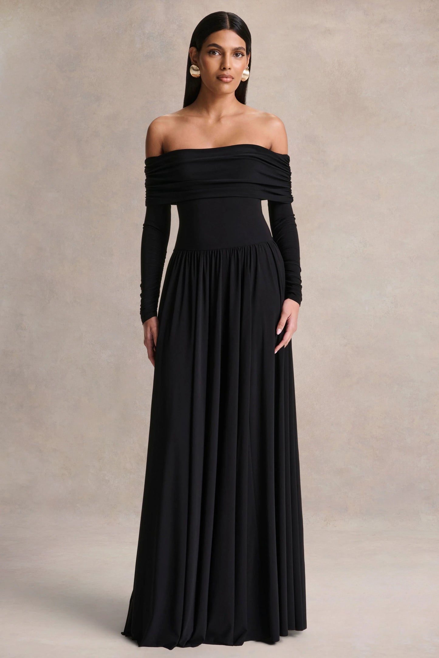 Saskia Black Bardot-Neck Maxi Dress