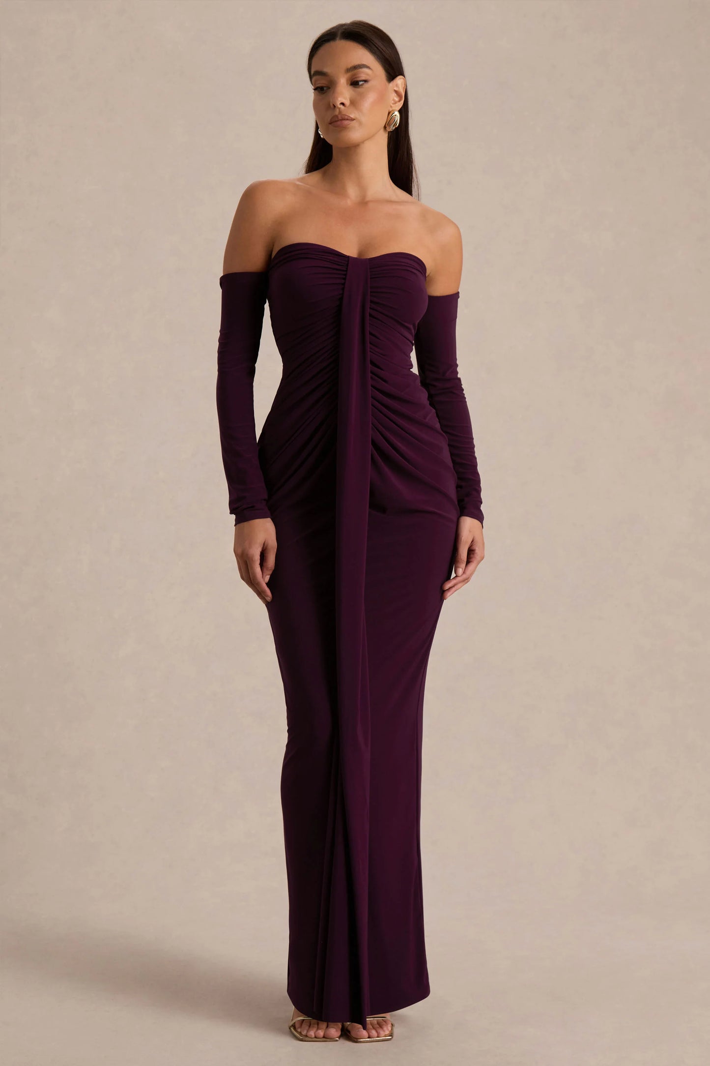 Harper Plum Bardot-Neck Maxi Dress