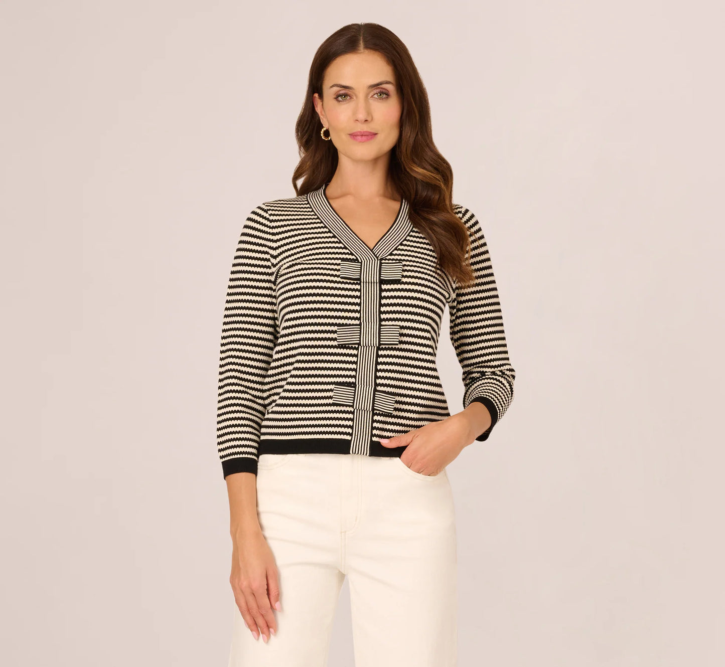 Three Quarter Sleeve Bow Pullover Sweater In Cream Black