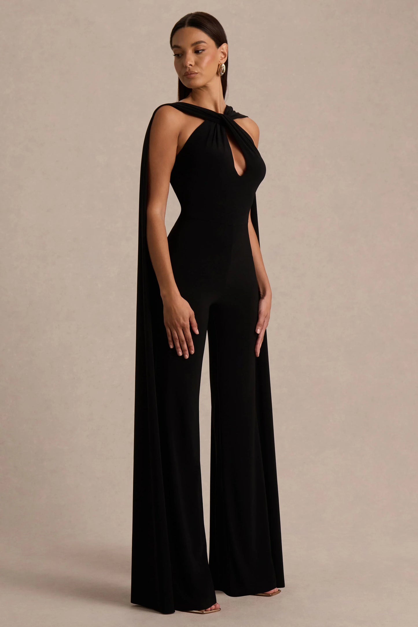 Mindy Black Twist Halter-Neck Jumpsuit With Cape