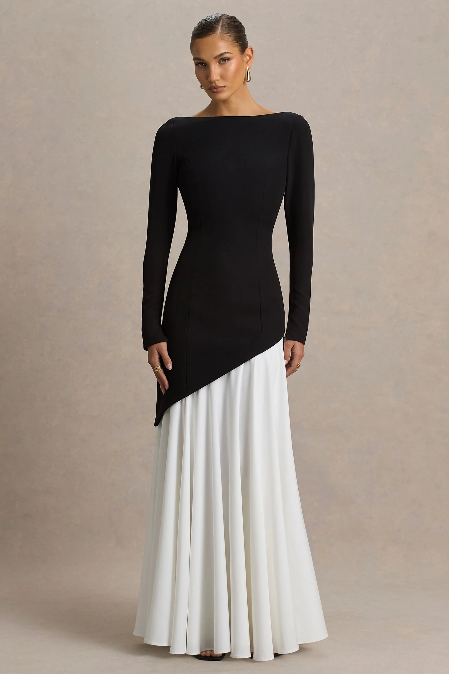 Caty Black And White Long-Sleeved Maxi Dress With Asymmetric Drop-Waist