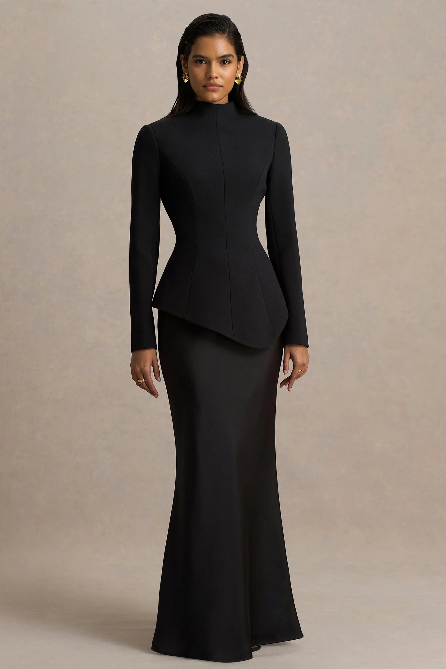 Pepita Black High-Neck Tailored Maxi Dress With Drop-Waist And Satin Skirt