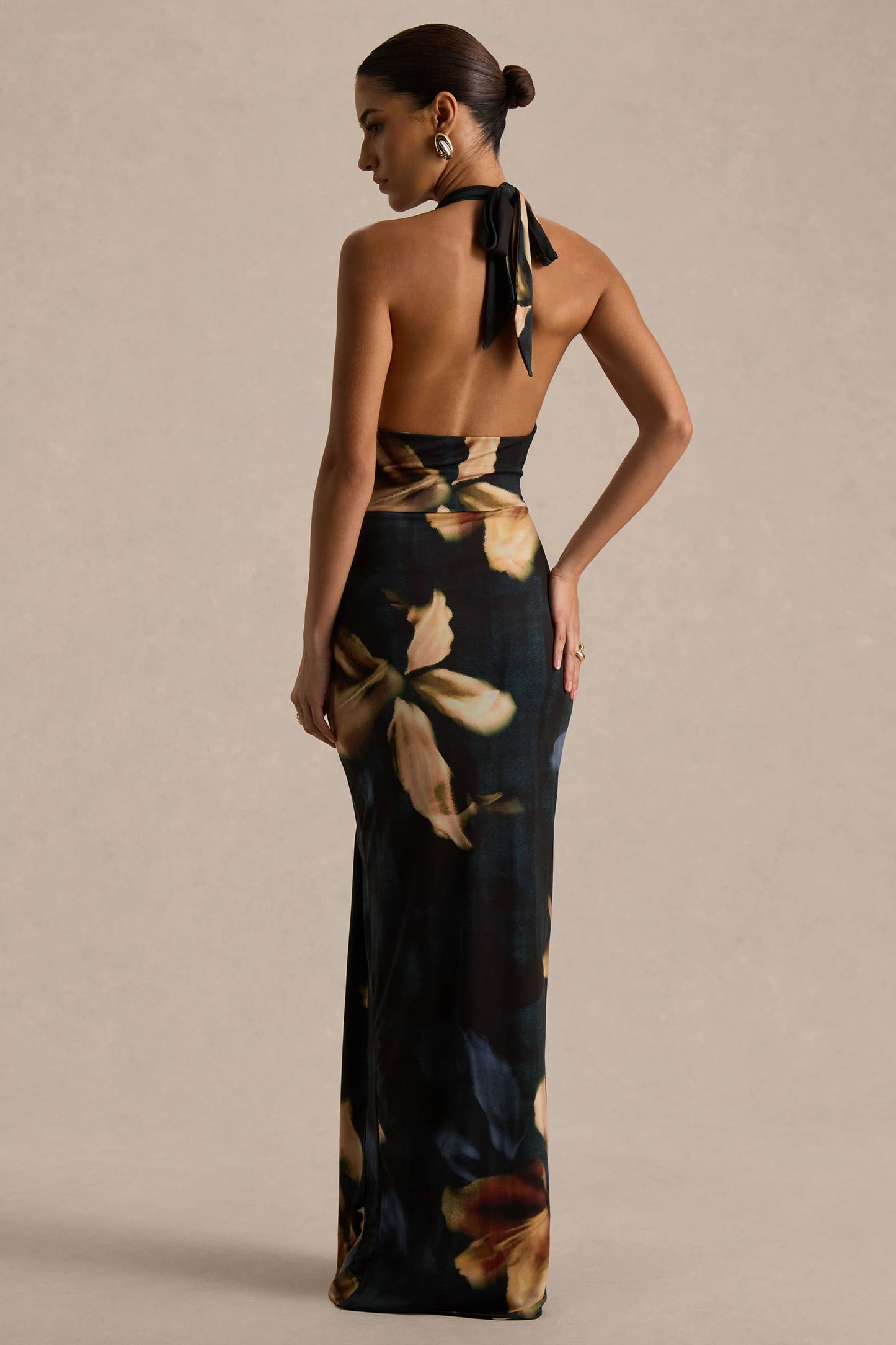 Sunflower Dark Lily Print High-Neck Maxi Dress With Front-High Split