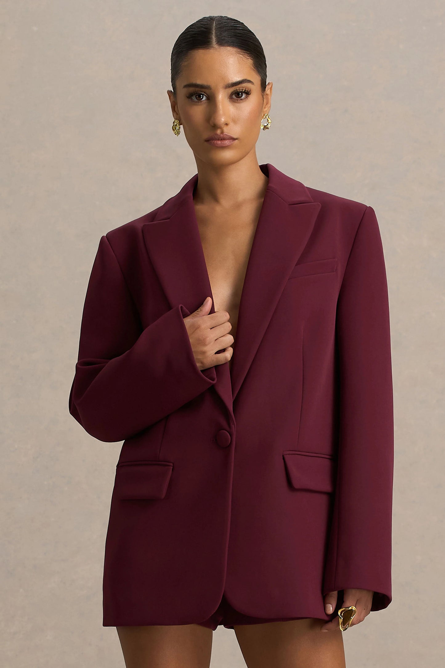 Katherine Burgundy Plunge-Neck Oversized Blazer