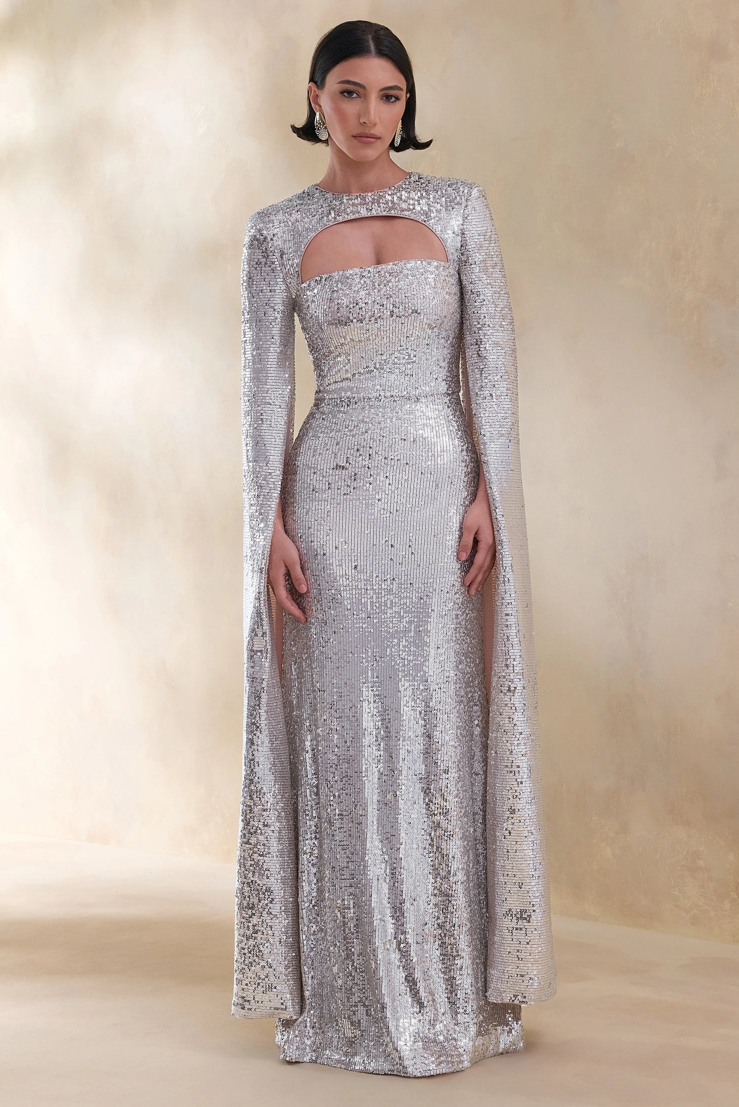 Devora Silver Sequin Crew-Neck Maxi Dress With Cape Sleeves