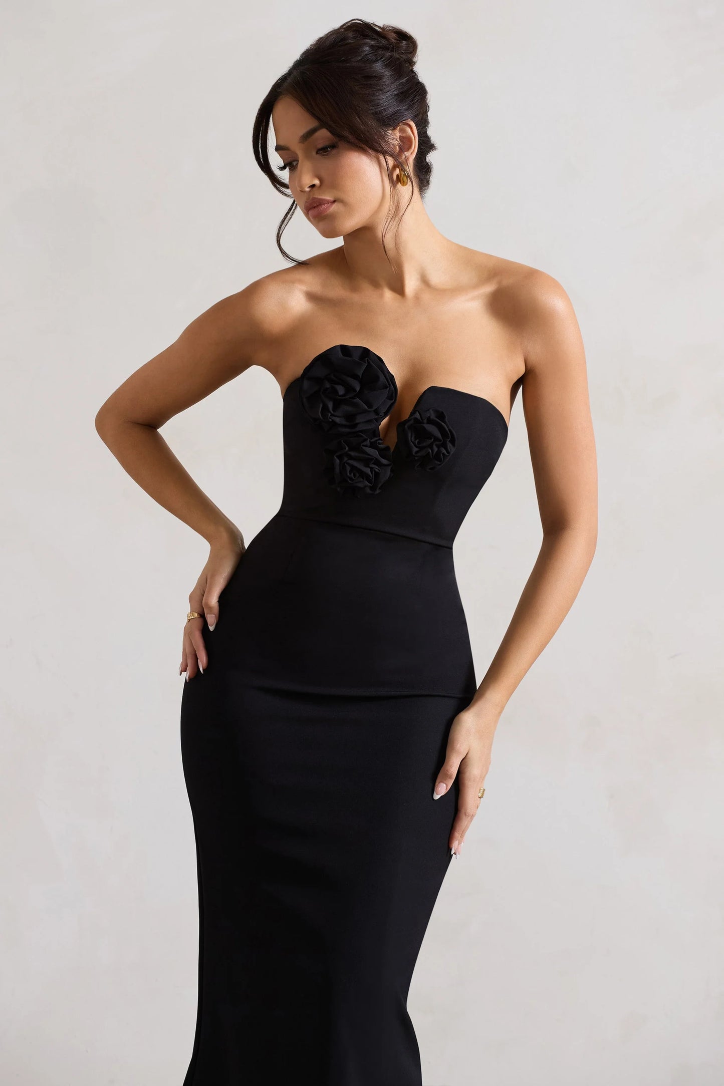 Enticed Black Strapless V-Neck Maxi Dress With Flowers