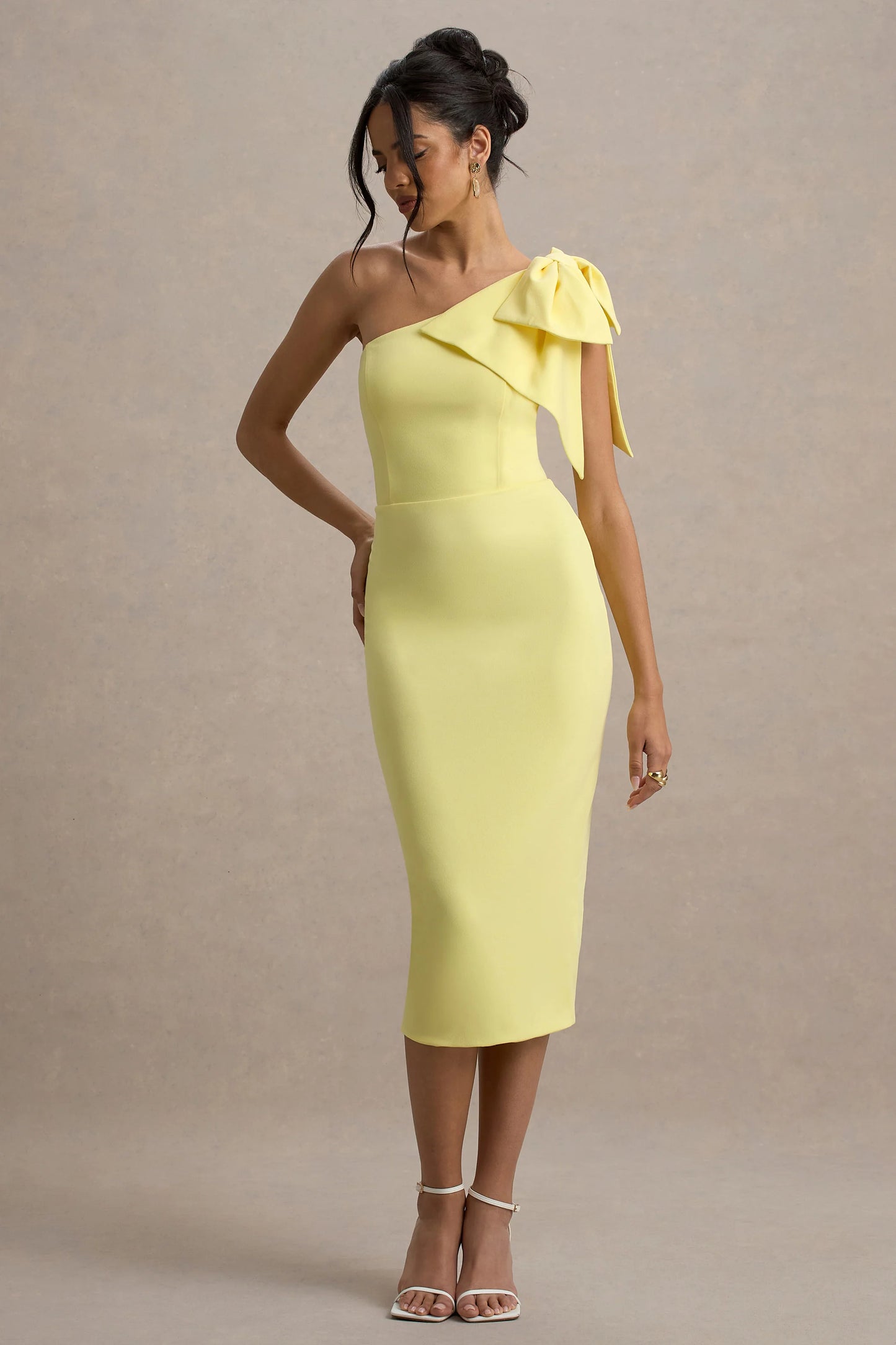 Ambretta Lemon One-Shoulder Midi Dress With Bow