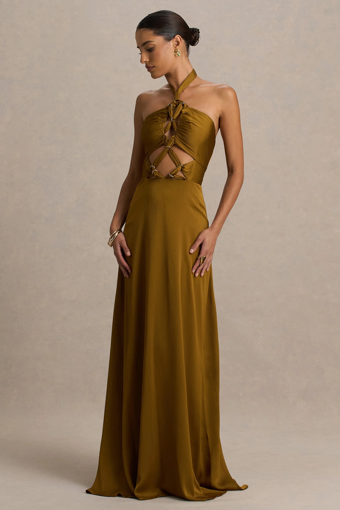 Aleera Olive Chiffon Halter-Neck Maxi Dress With Cut-Out Detail