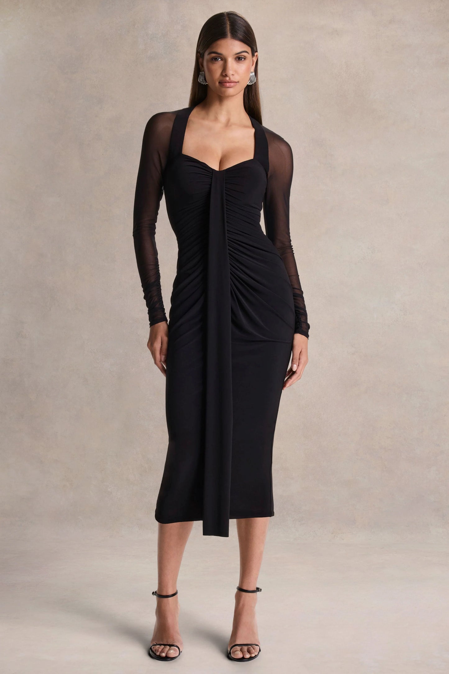Rosetta Black Sweetheart-Neck Midi Dress With Sheer-Sleeves