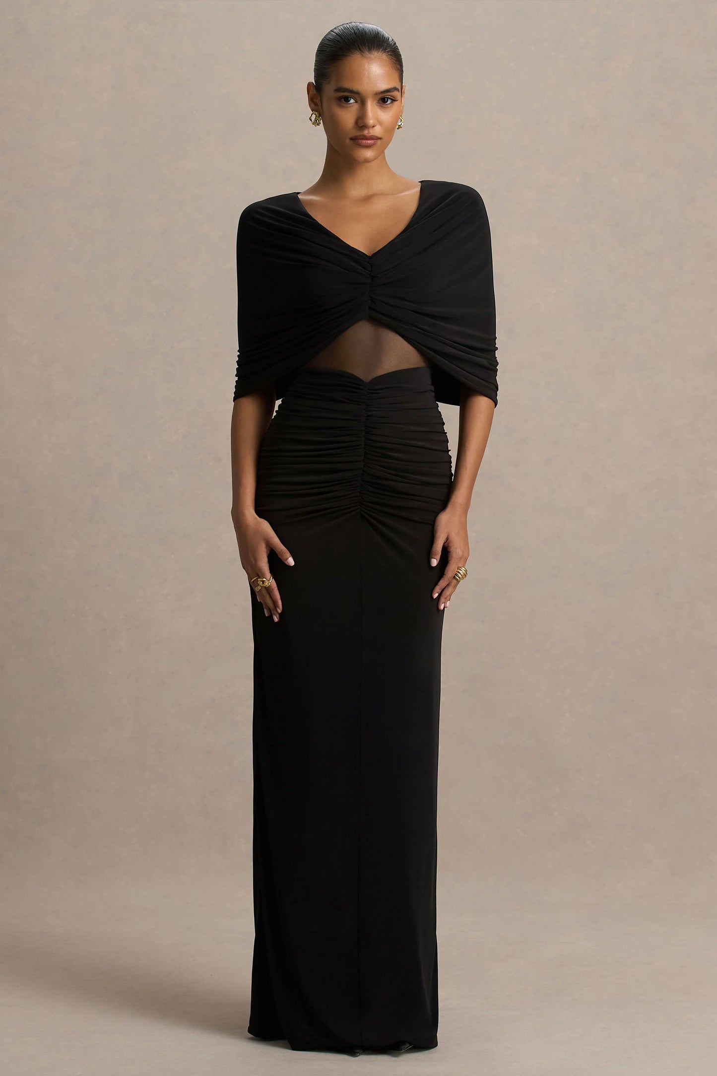 Zinnie Black Cape-Sleeve Maxi Dress With Mesh Panel