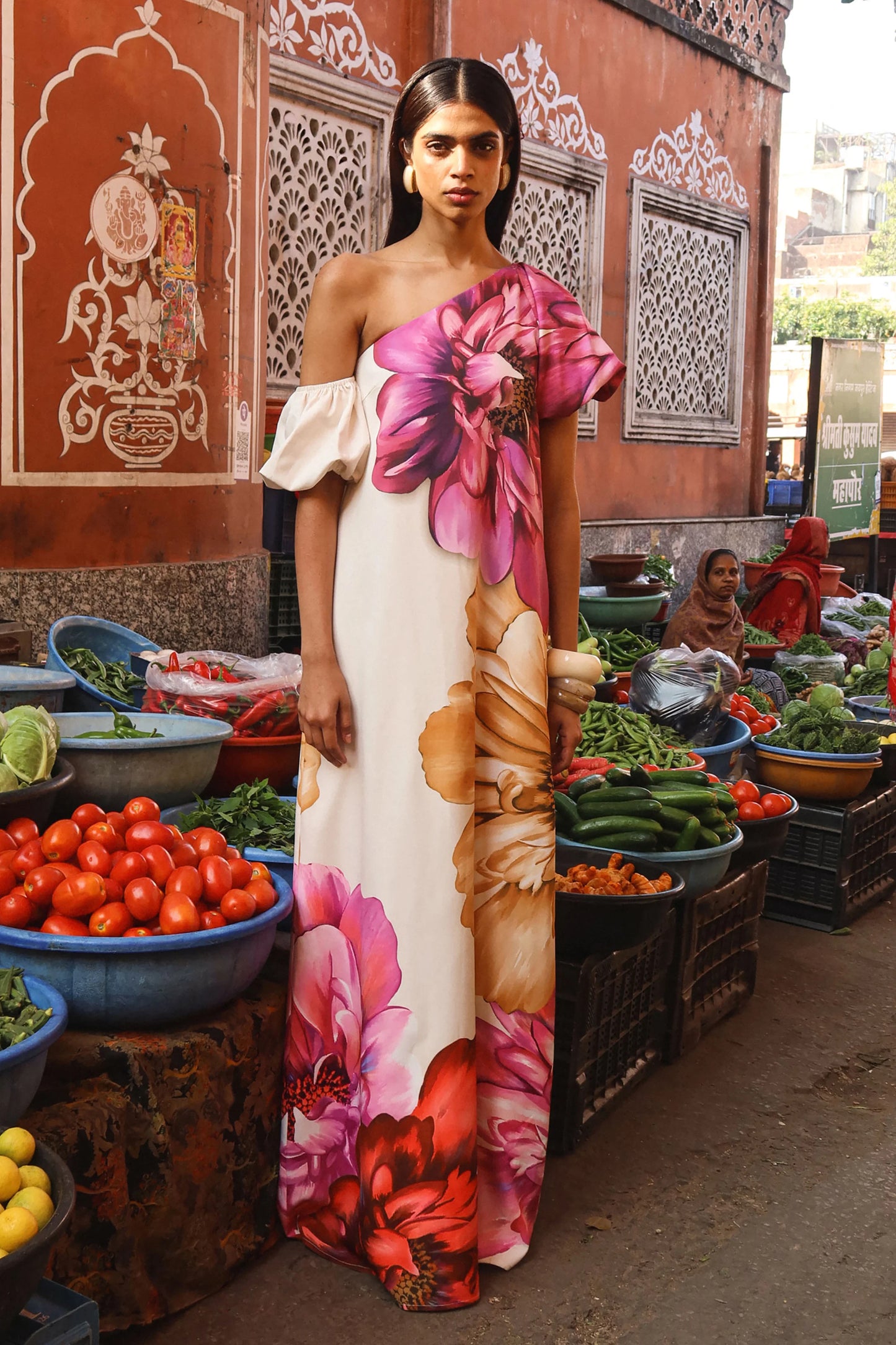 Anastasia Large Multi-Floral Print Asymmetric-Neck Maxi Dress