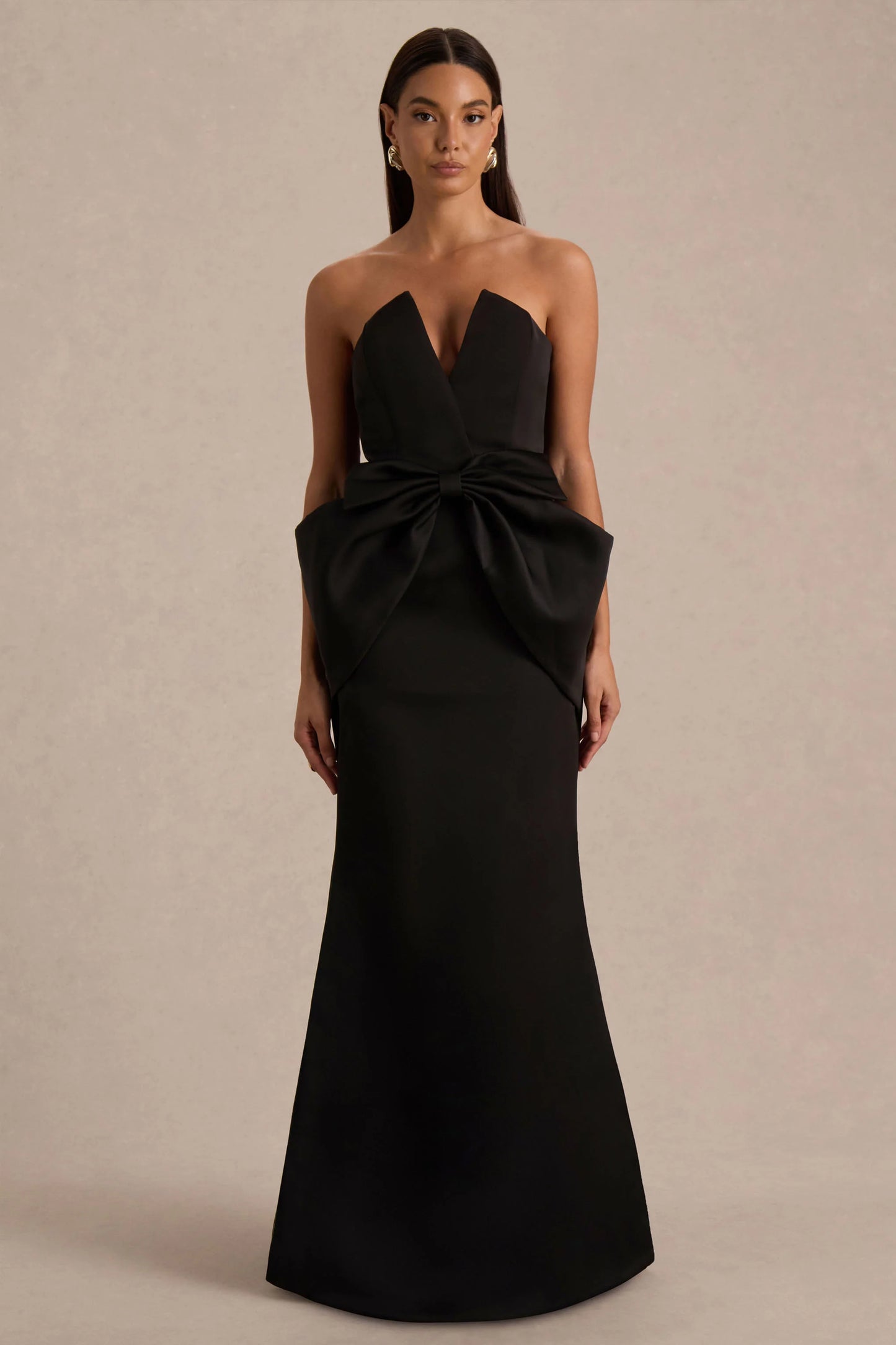 Sonata Black Satin Bandeau Maxi Dress With Bow Detail