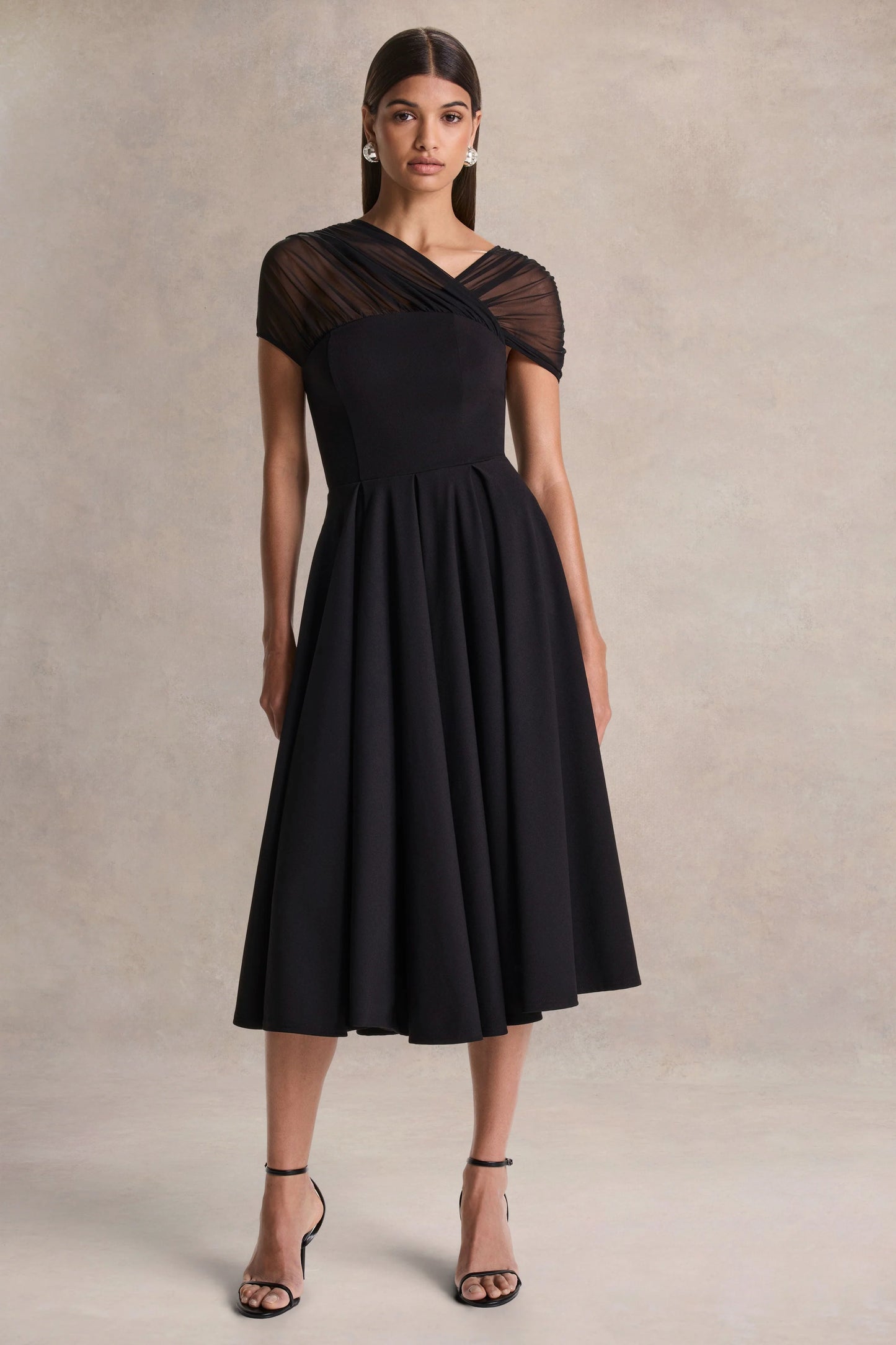Rosette Black Asymmetric-Neck Midi Dress