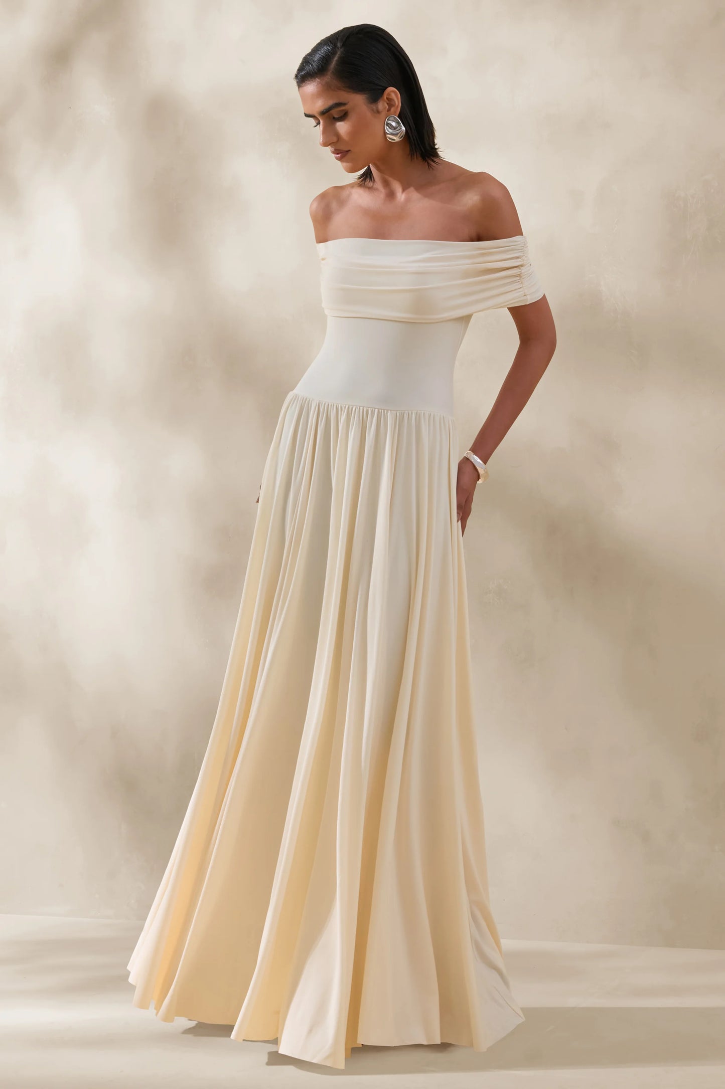 Cindie Cream Bardot-Neck Maxi Dress