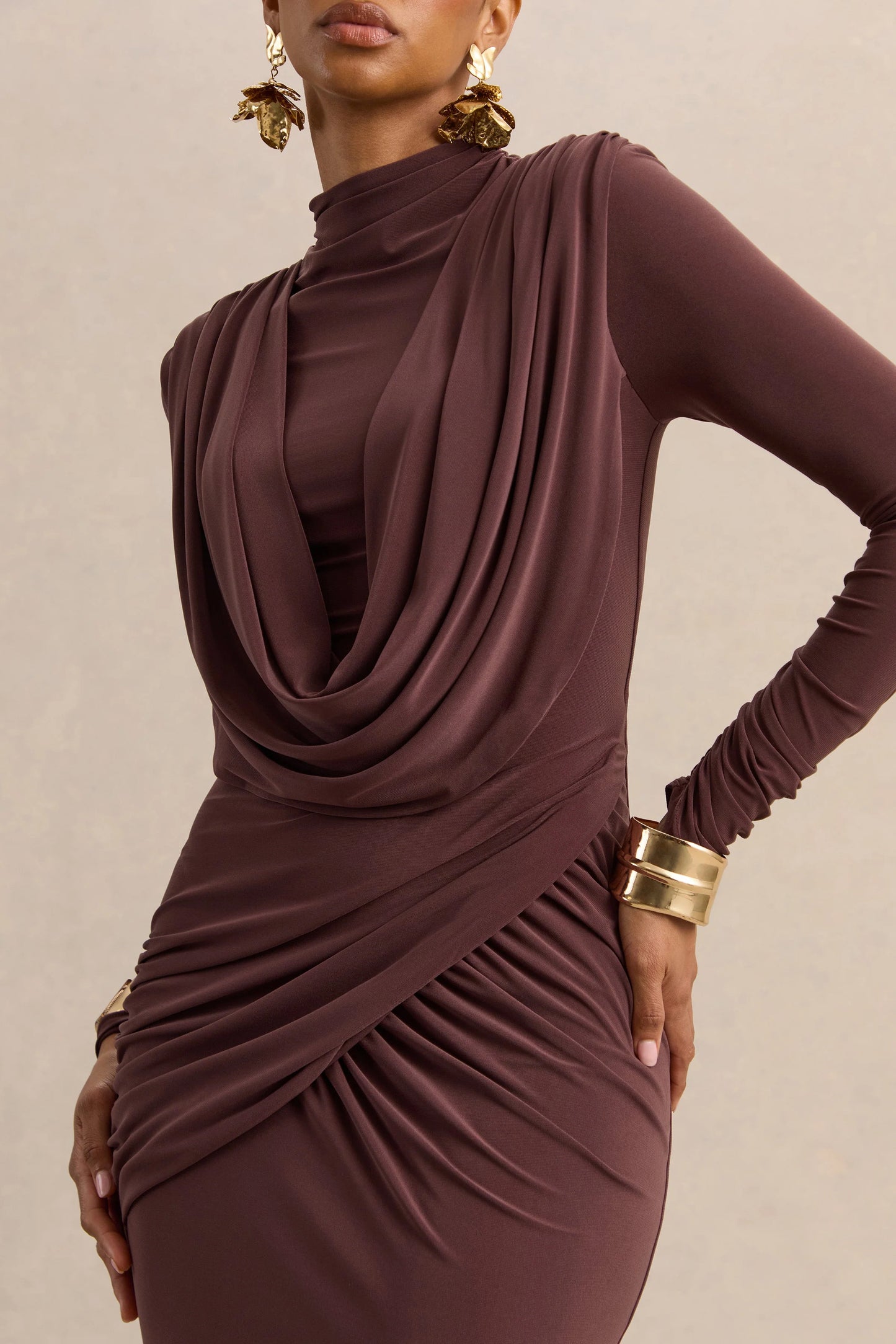 Karinthia Brown High-Neck Maxi Dress With Draped-Detailing
