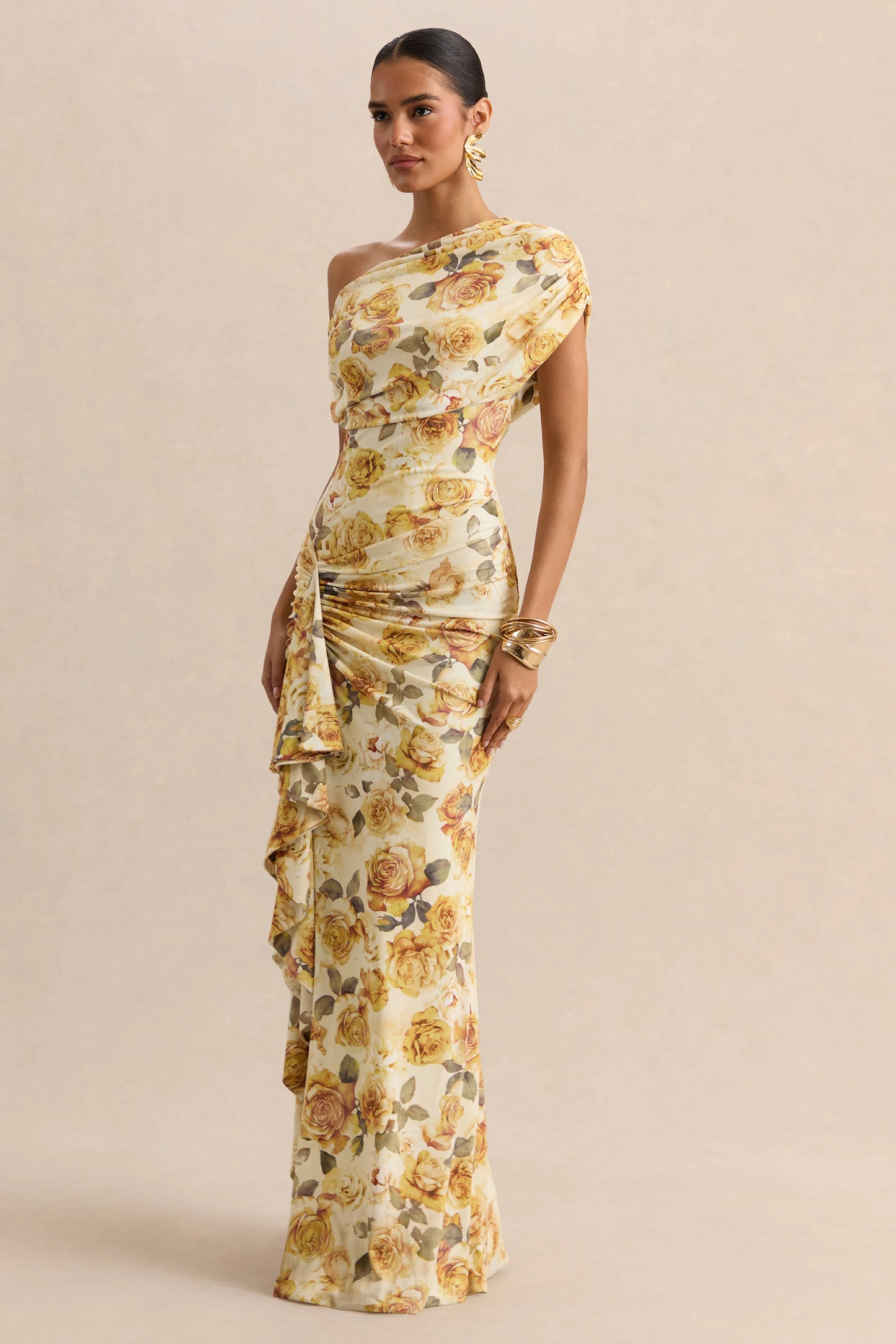Siora Lemon Rose Print Asymmetric-Neck Maxi Dress With Draped-Detailing