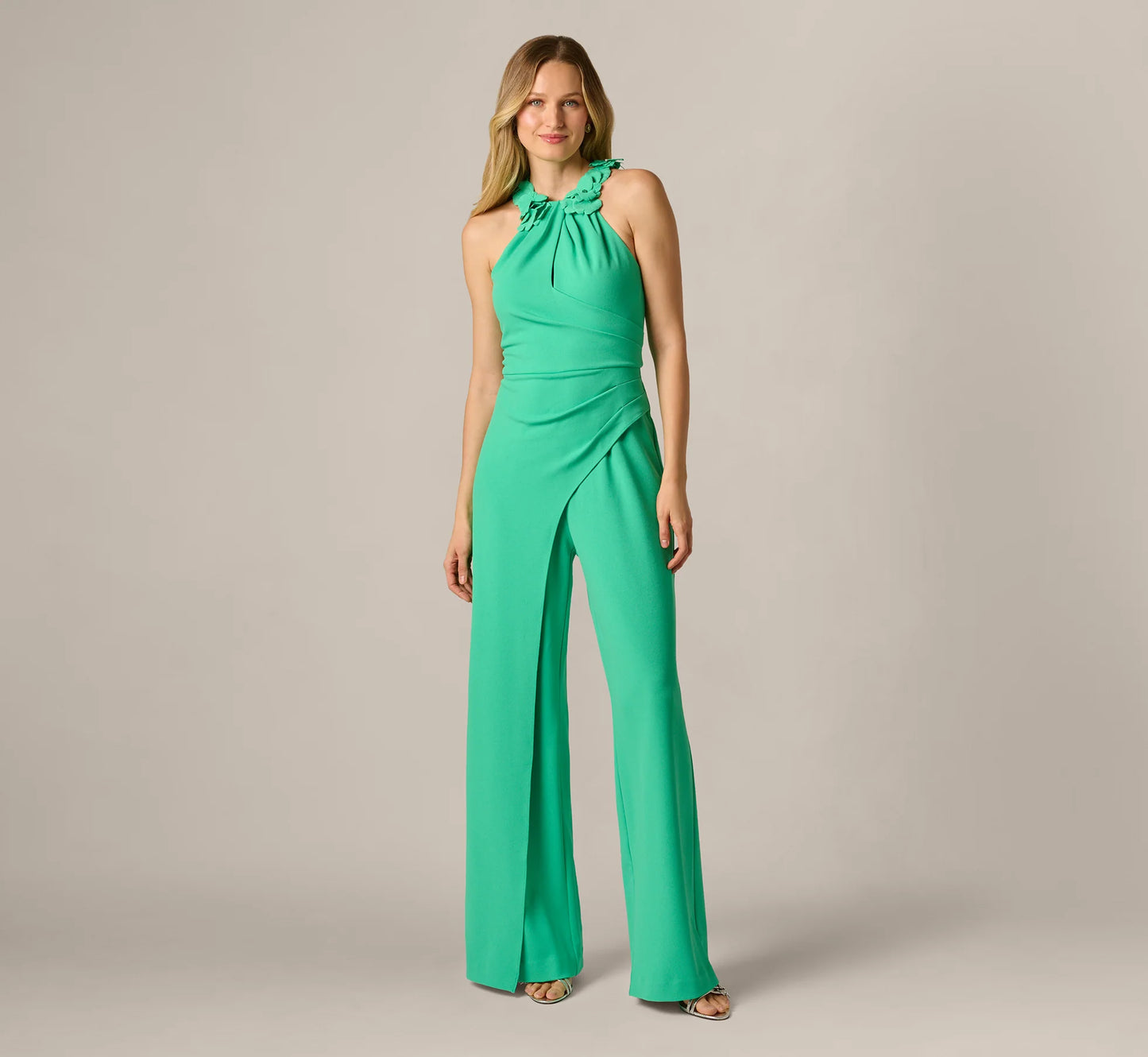3D Floral Stretch Halter Jumpsuit In Flora Green