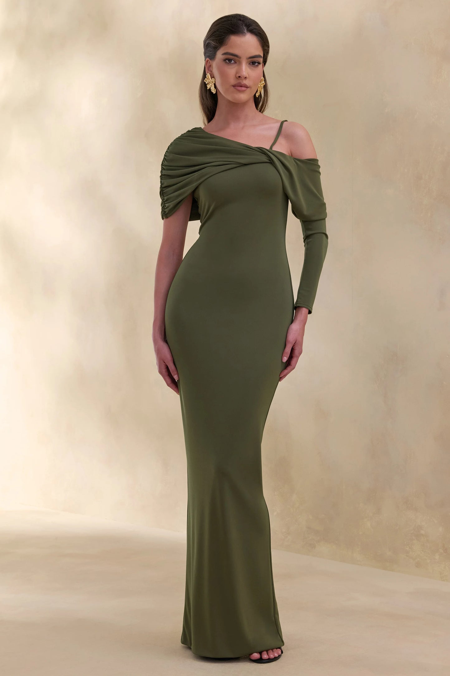 Silvaria Olive Twisted Asymmetric-Neck Maxi Dress