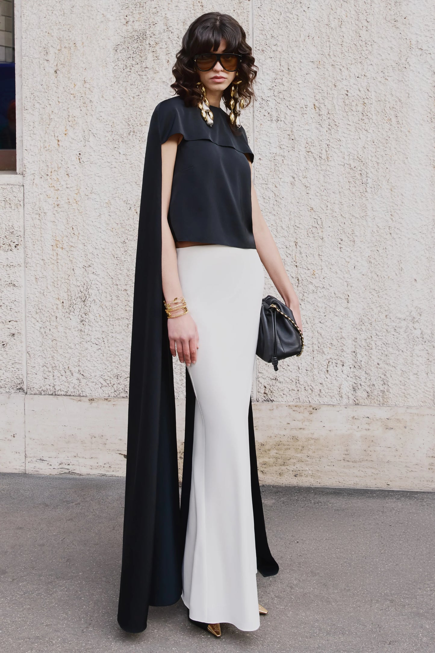 Aetheria Black Satin High-Neck Top With Cape