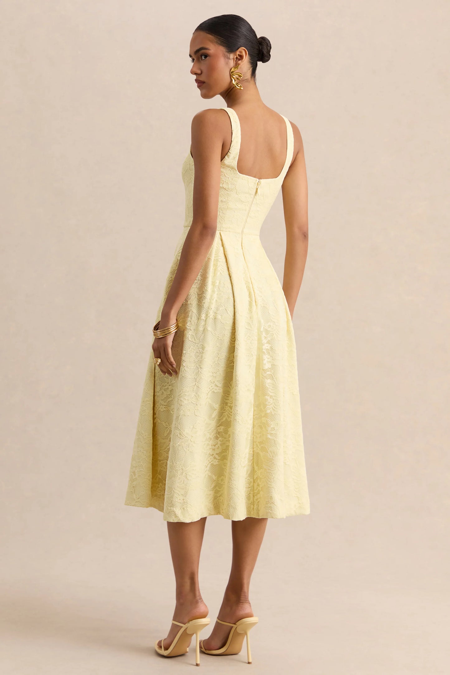 Ashmara Lemon Lace Square-Neck Midi Dress