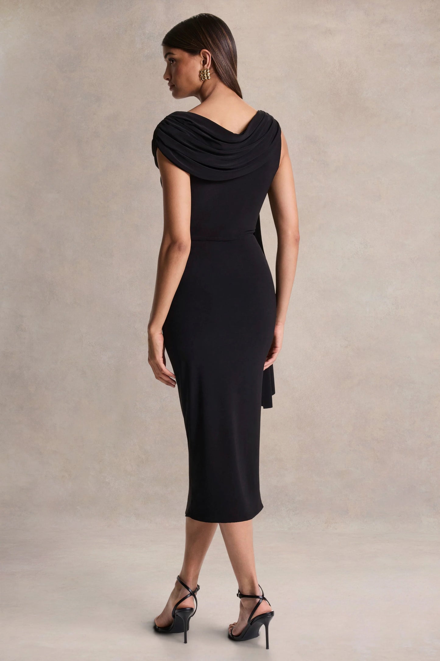 Mirelda Black Asymmetric-Neck Midi Dress With Gold-Detail