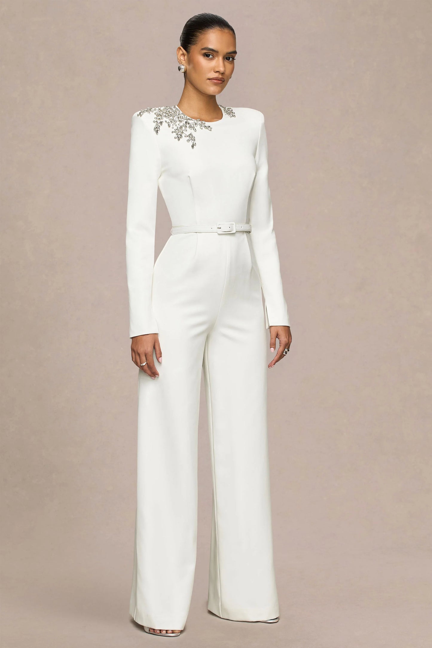 Prize Cream Crew-Neck Jumpsuit With Embellishment Detail