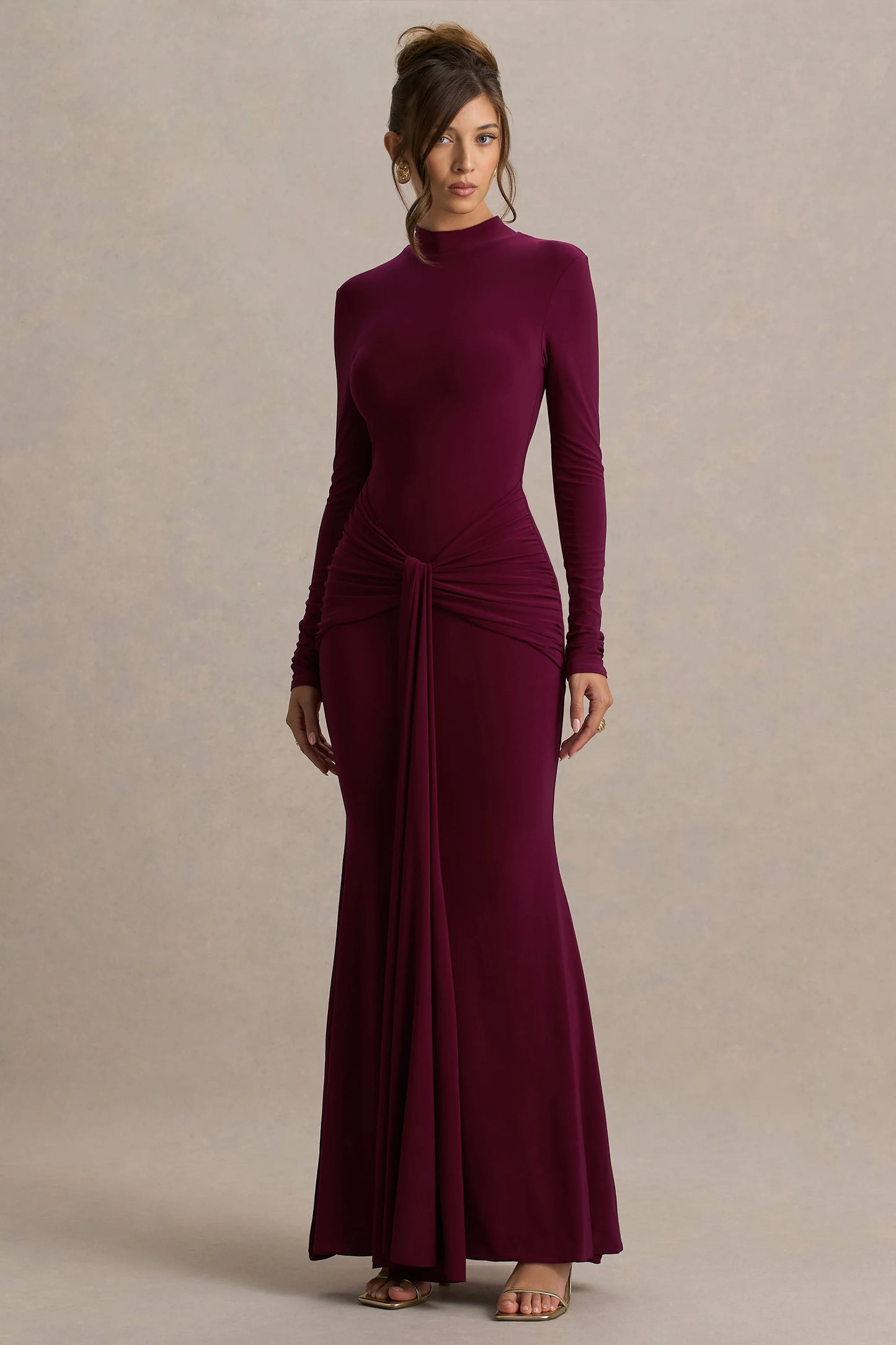 Pietra Berry High-Neck Long Sleeve Knot Maxi Dress