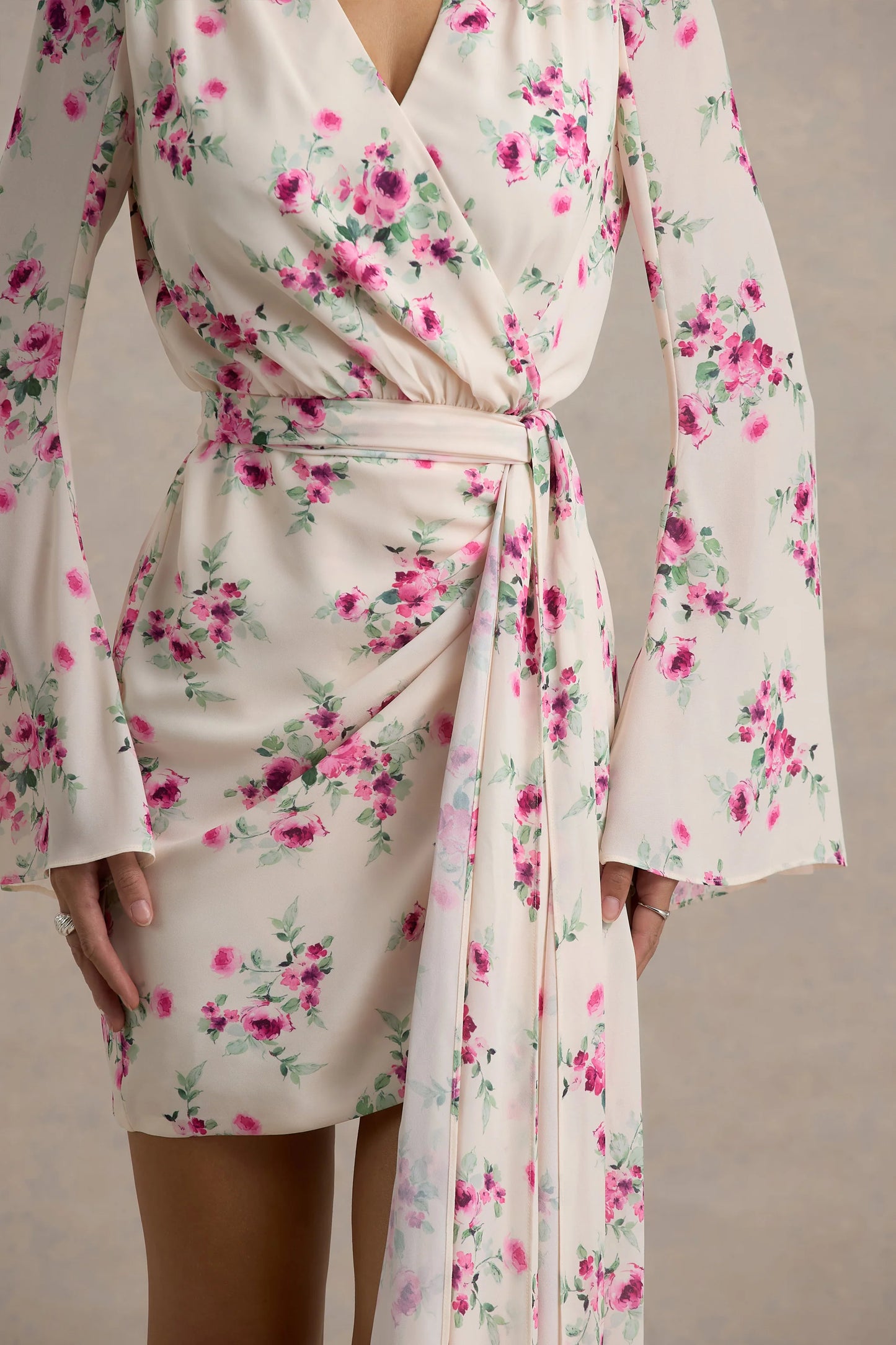 Goldie Cream Floral Print Chiffon Long-Sleeve Wrap Mini Dress