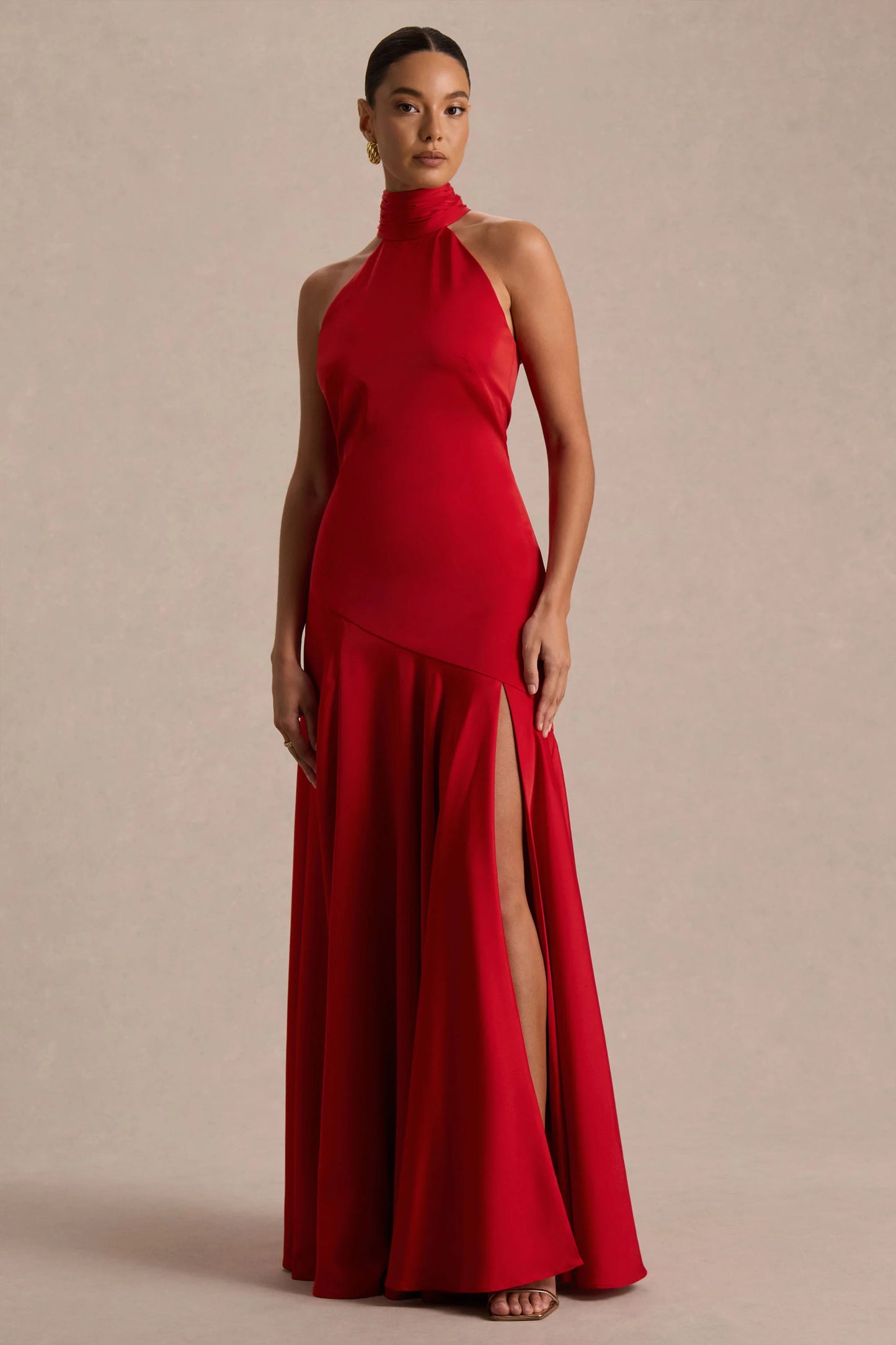 Luscious Red High-Neck Maxi Dress With Drop-Waist And Bow Detail