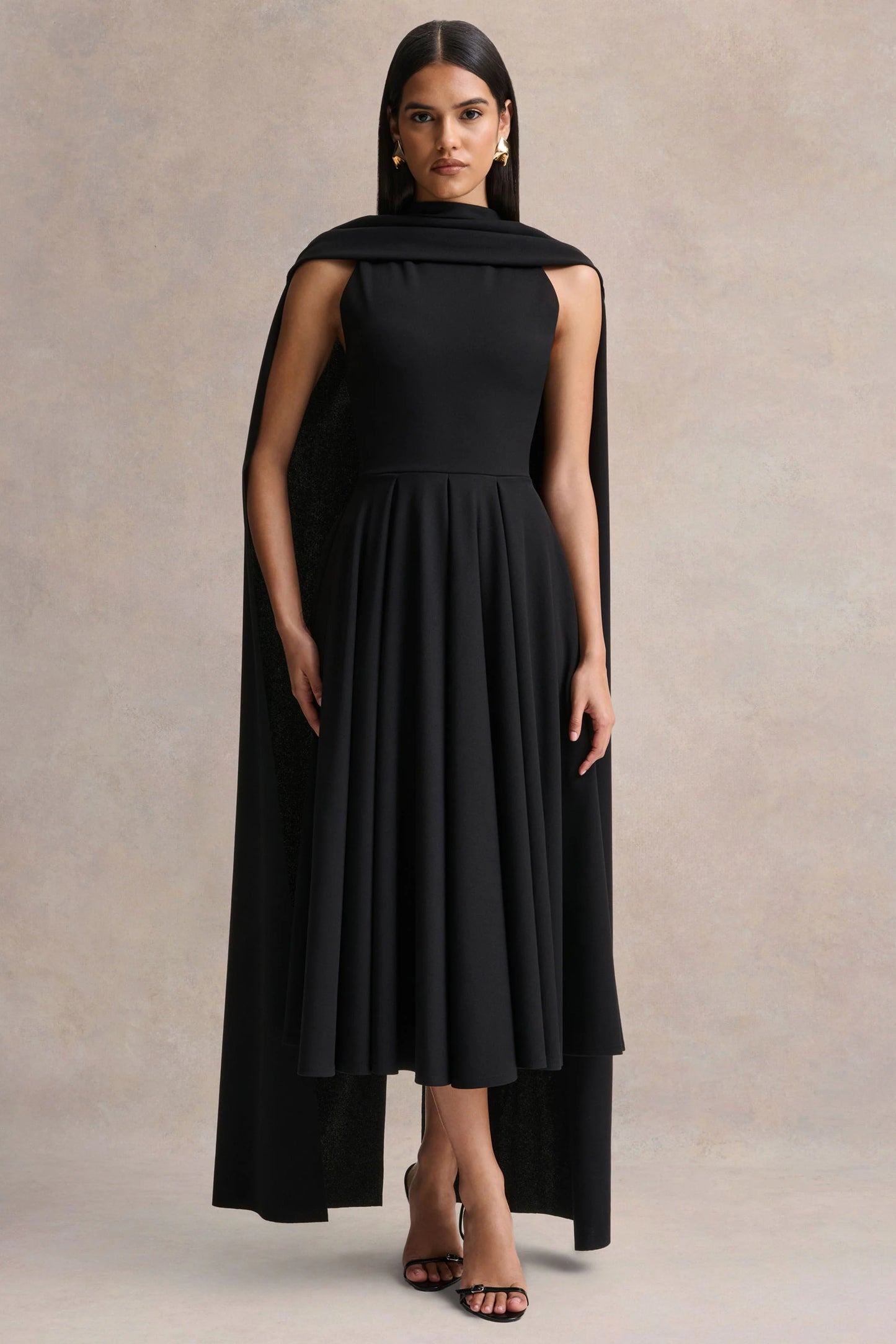 Nova Black High-Neck Midi Dress With Cape-Sleeves
