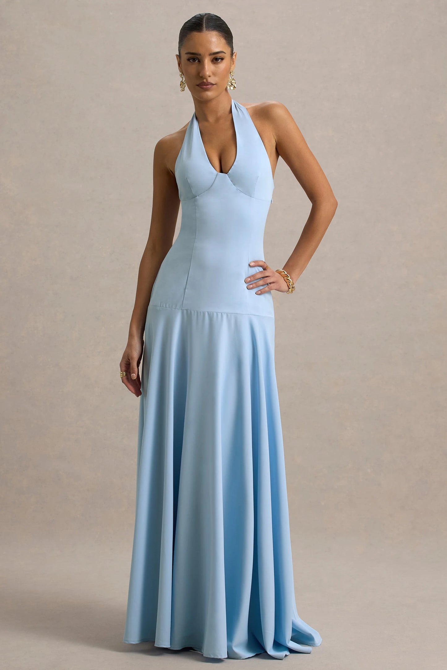 Ginevra Powder Blue Halter-Neck Slip Maxi Dress