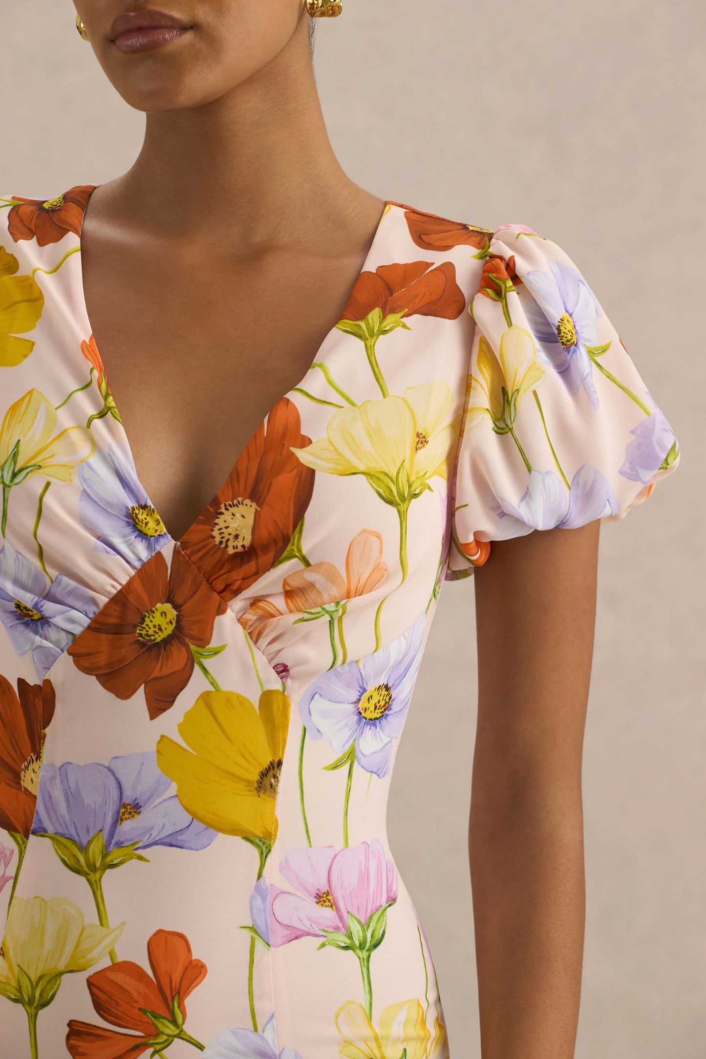 Ginny Bright Floral Print Puff-Sleeve Split Maxi Dress
