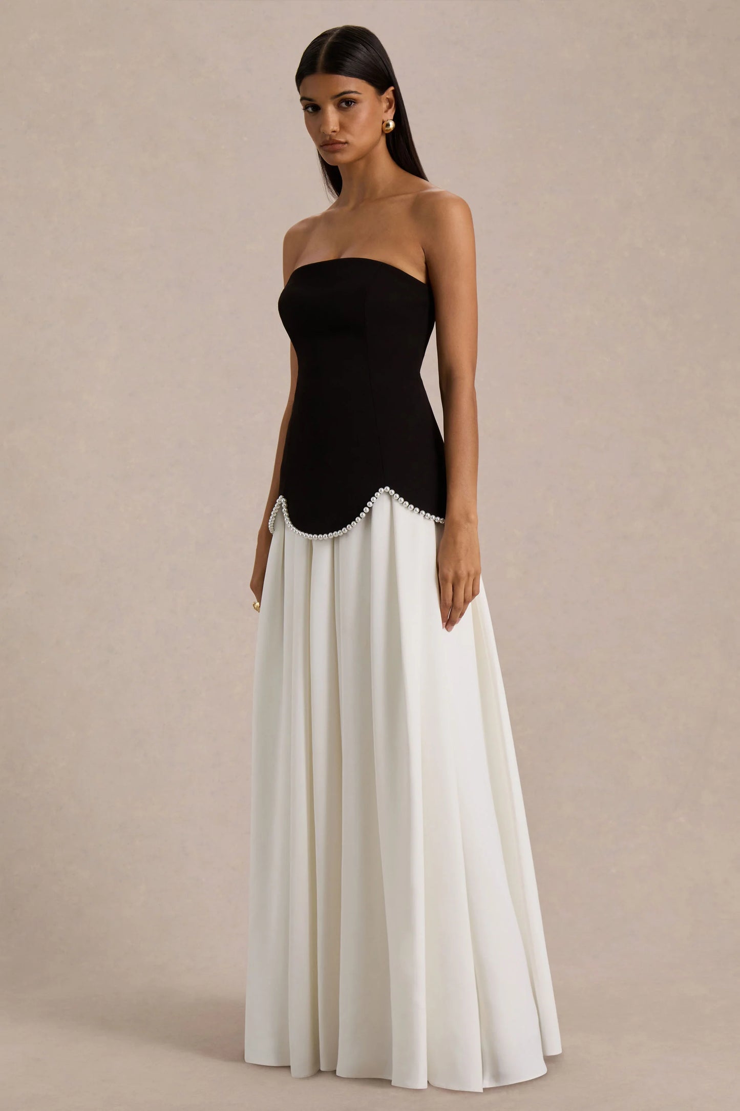 Wendy Black And White Maxi Dress With Drop-Waist And Pearl Embellishment