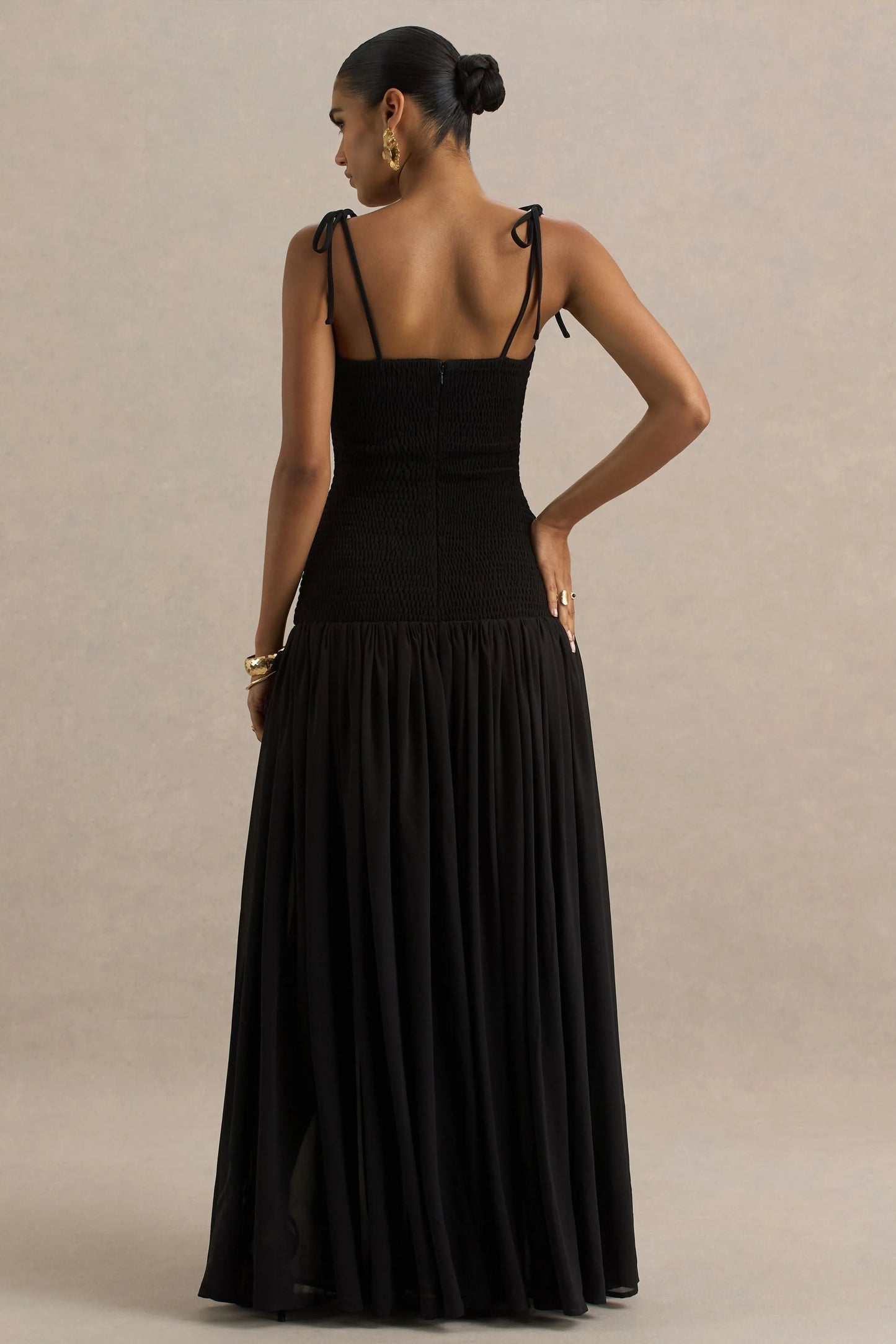 Maeva Black Square-Neck Fishtail Maxi Dress With Ruched Detailing