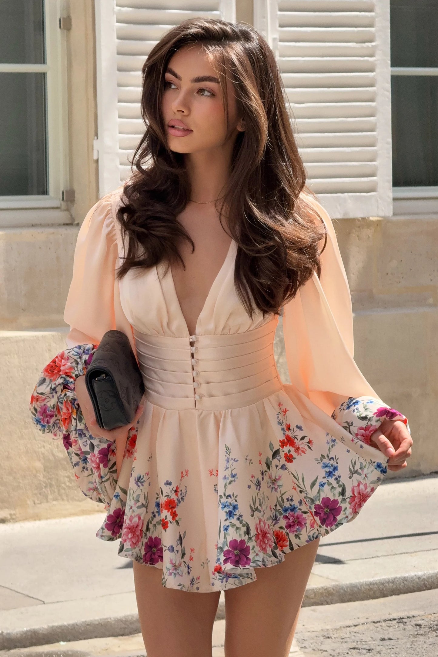 Katsura Light Pink Floral Print Plunge-Neck Ruched Playsuit