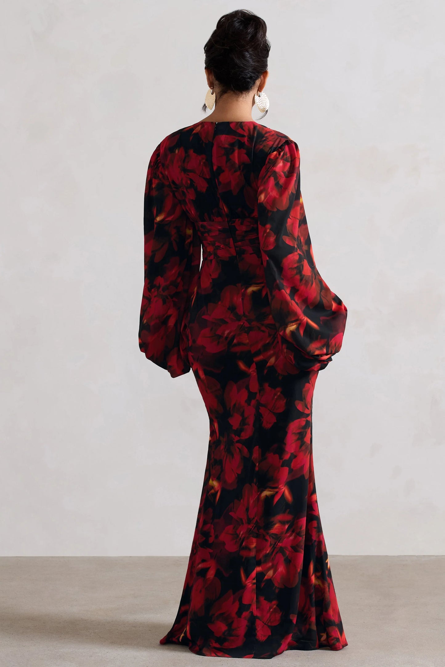 Casarile Red Floral Print V-Neck Balloon Sleeve Maxi Dress