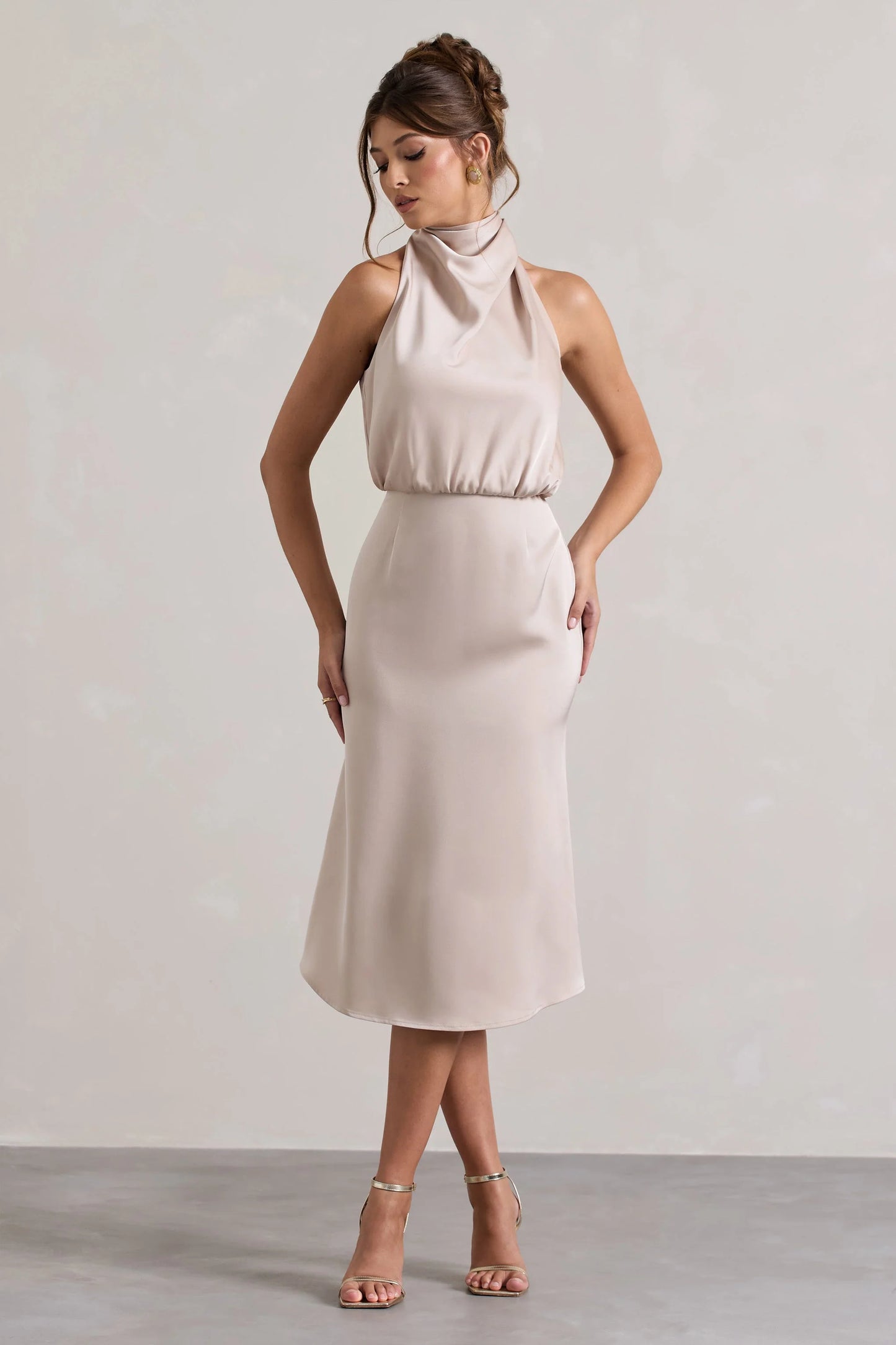 Geena Champagne Satin Twisted High-Neck Midi Dress