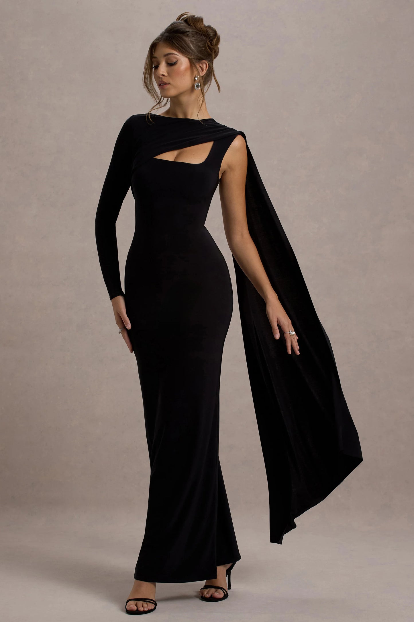 Ashini Black One-Sleeve Maxi Dress With Cape