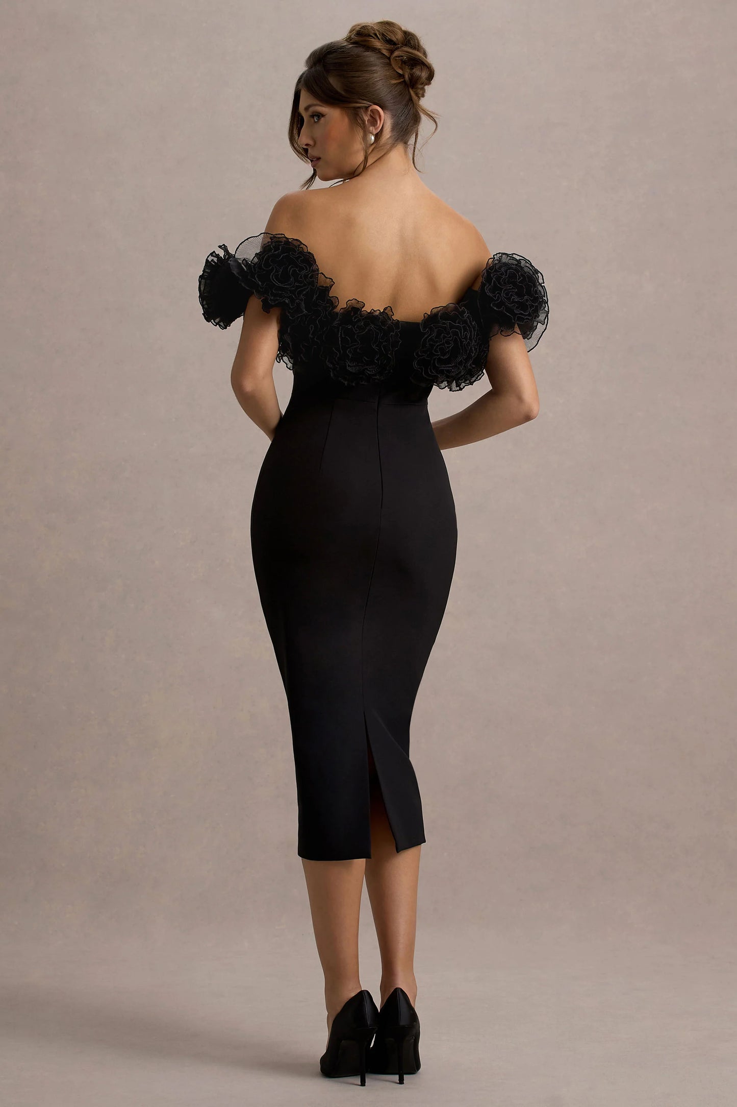 Alizzi Black Bardot Midi Dress With Ruffle Trim