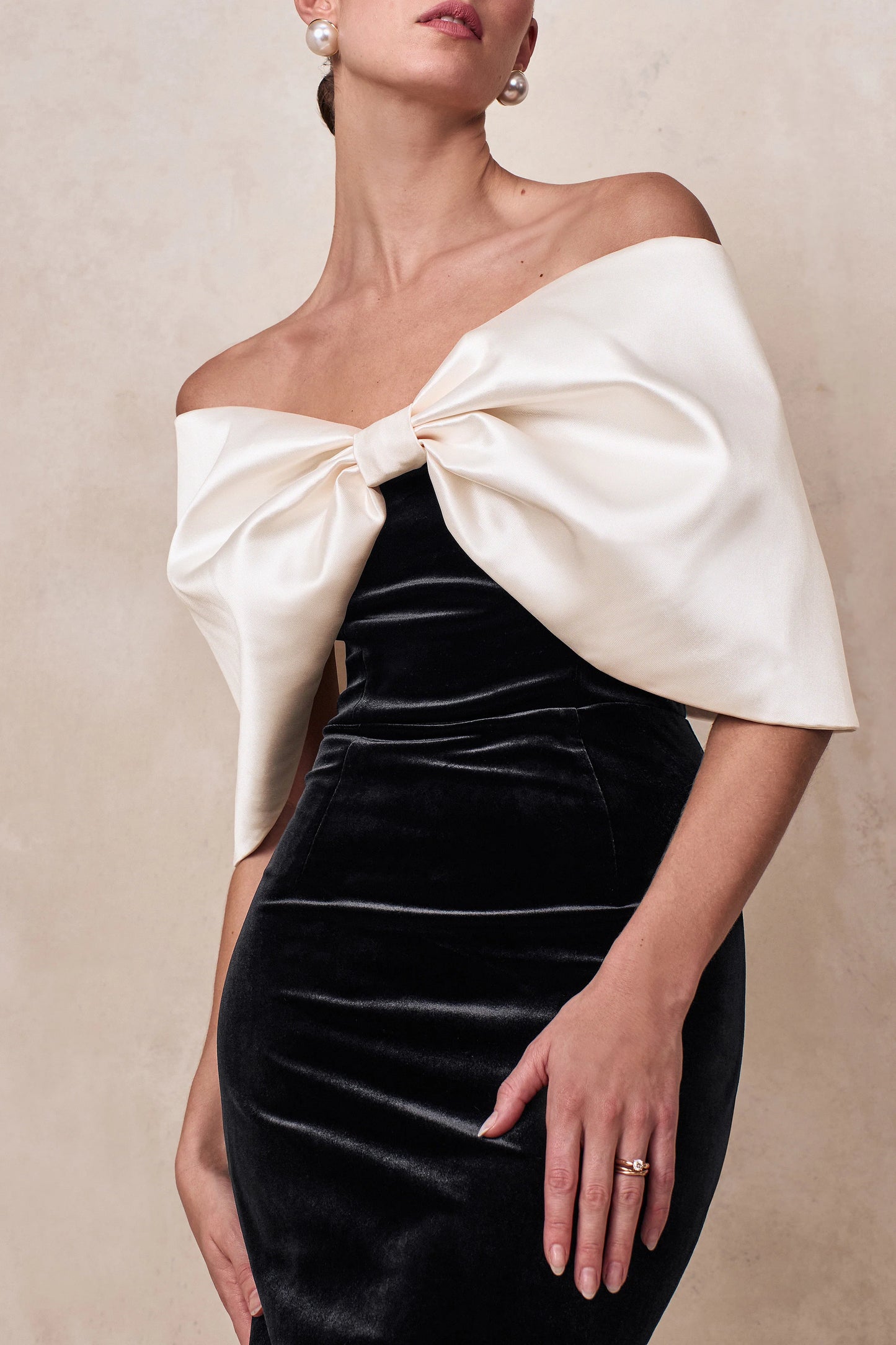 Twilight Black And White Velvet Bardot-Neck Midi Dress With Oversized Satin Bow