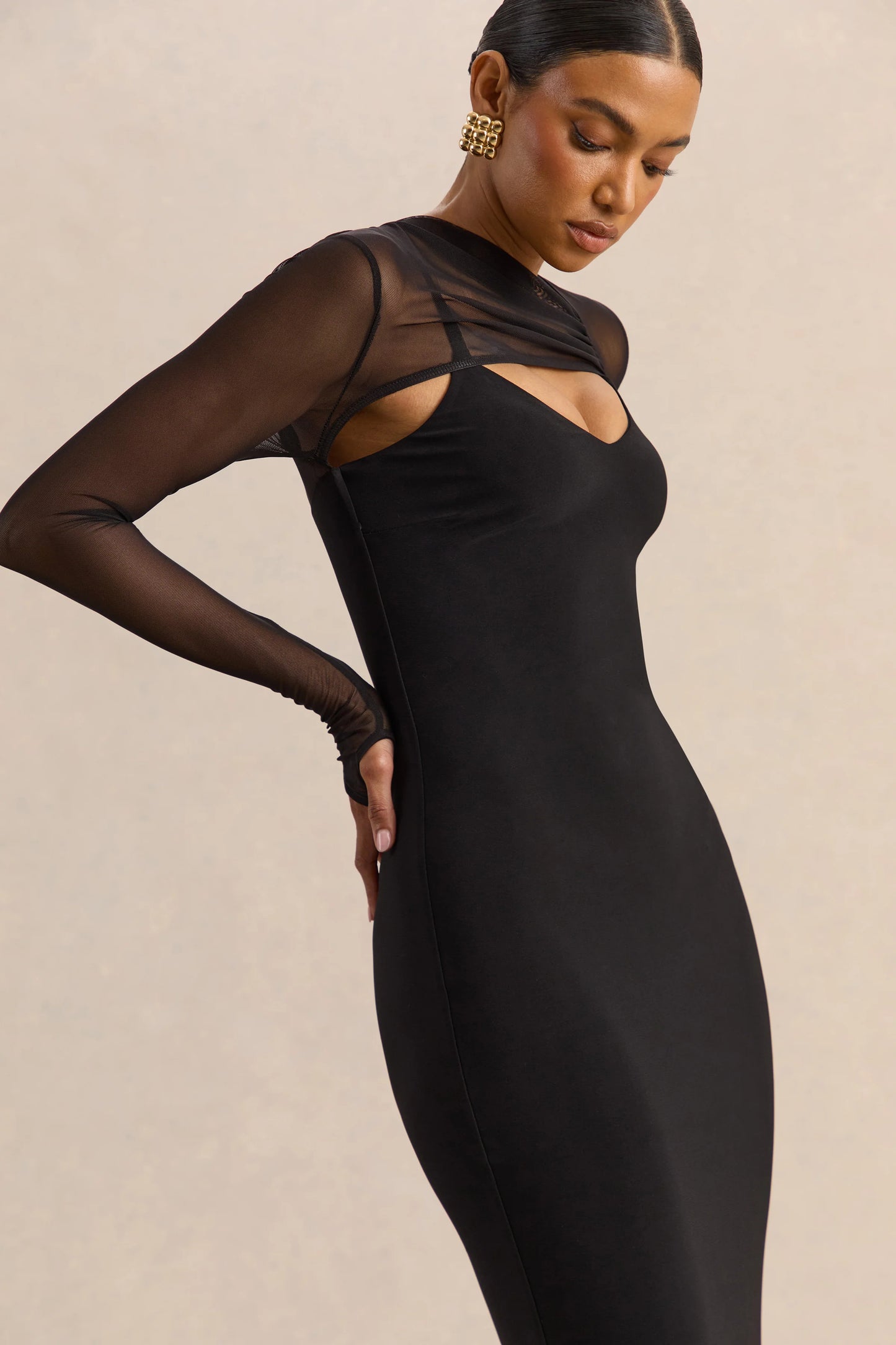 Coralia Black Asymmetric-Neck Maxi Dress With Mesh Long-Sleeves