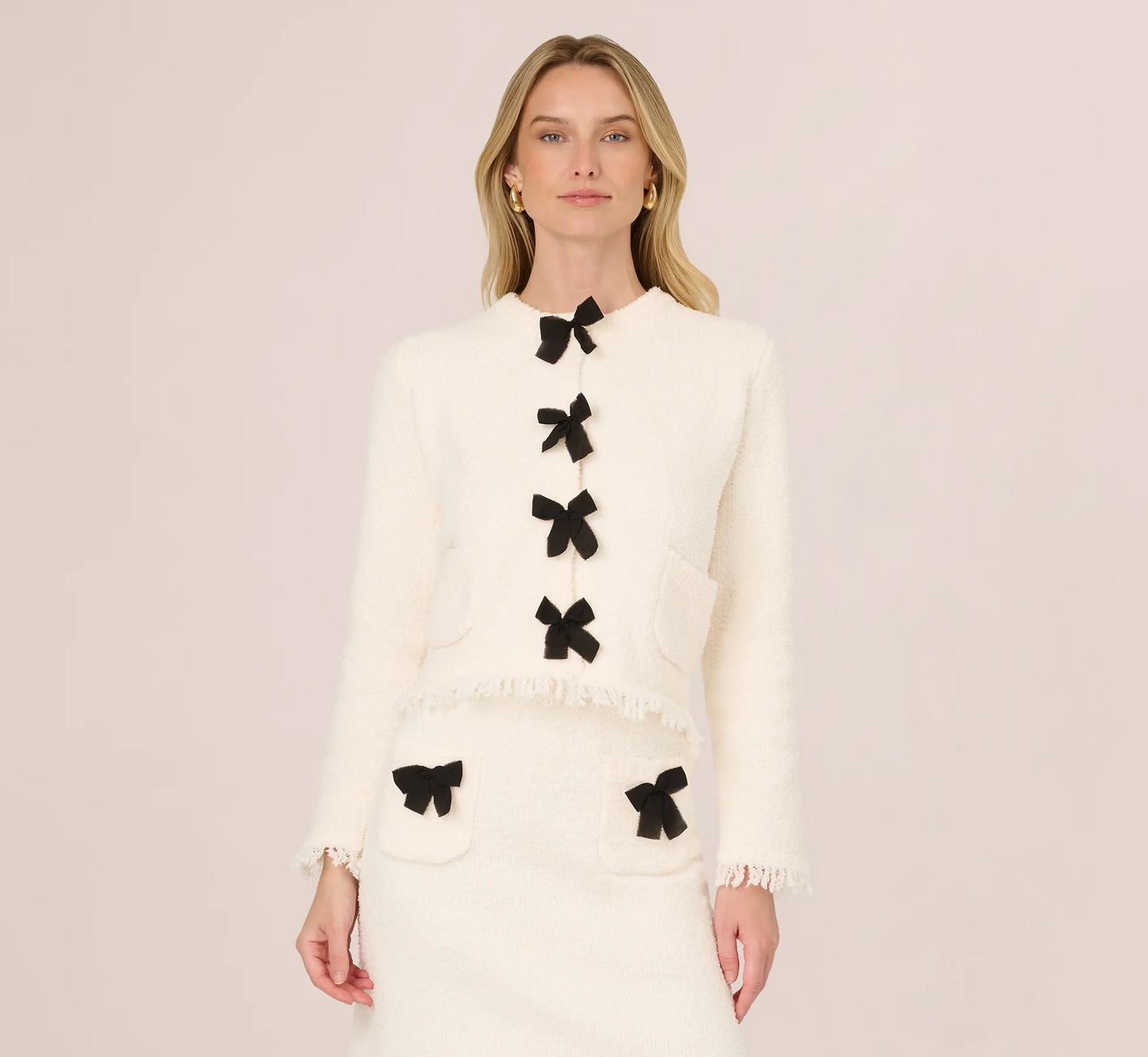 Chenille Boucle Bow Cardigan In Ivory Black
