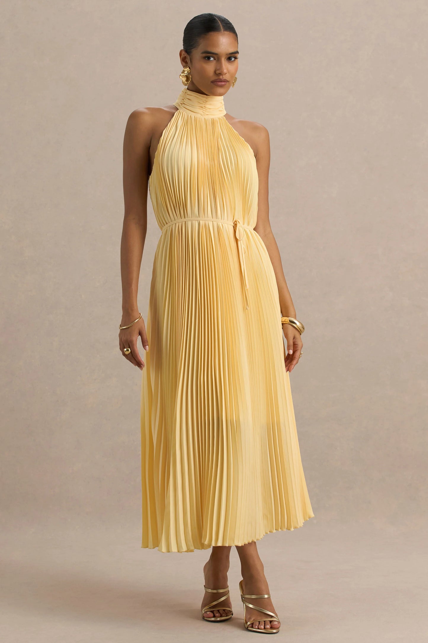 Tulip Lemon Pleated High-Neck Midi Dress