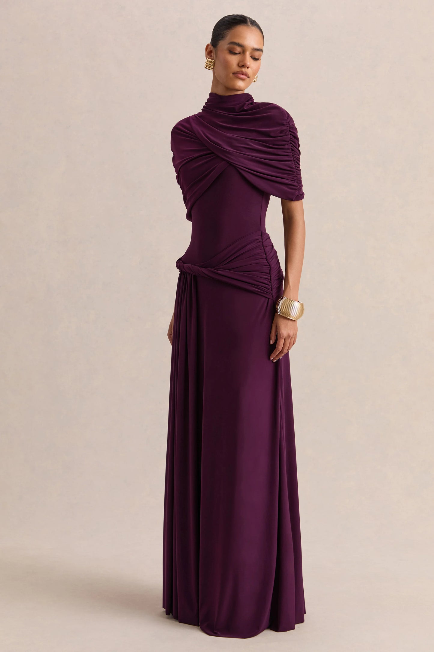 Evelisse Plum High-Neck Maxi Dress With Short-Cape Sleeves