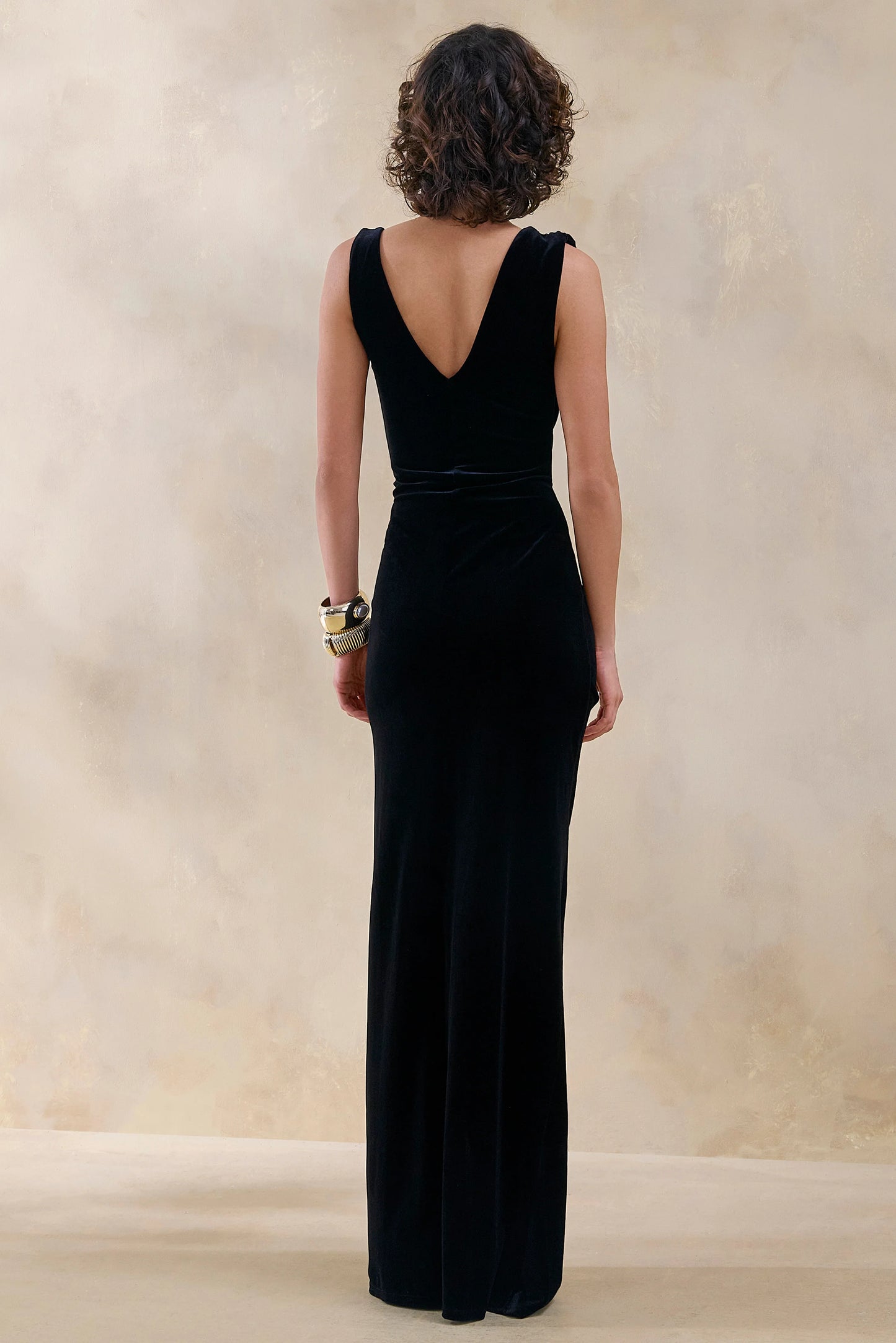 Jovita Black Velvet Cowl-Neck Maxi Dress With Gathered-Detailing