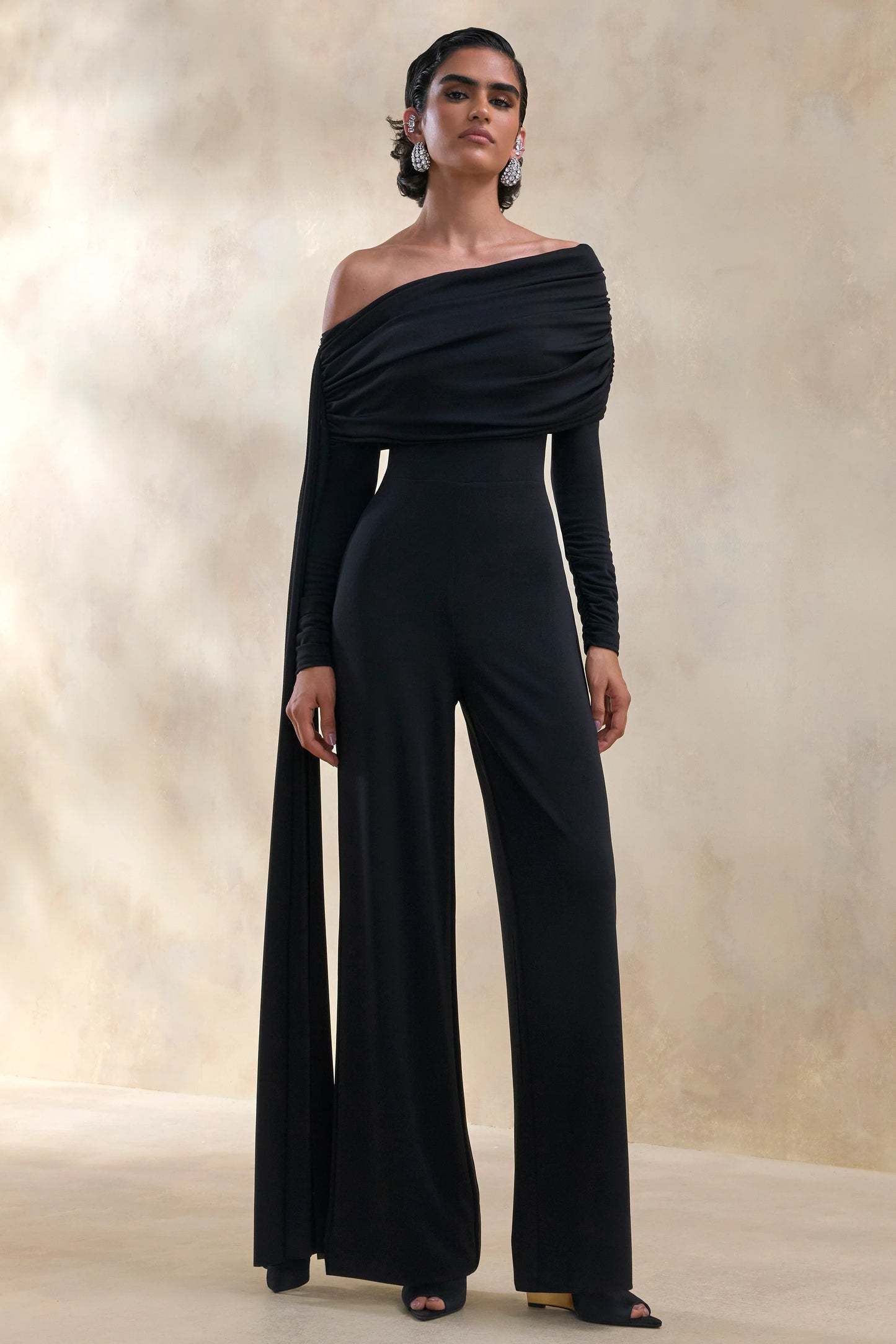 Elova Black Bardot-Neck Jumpsuit With Sash