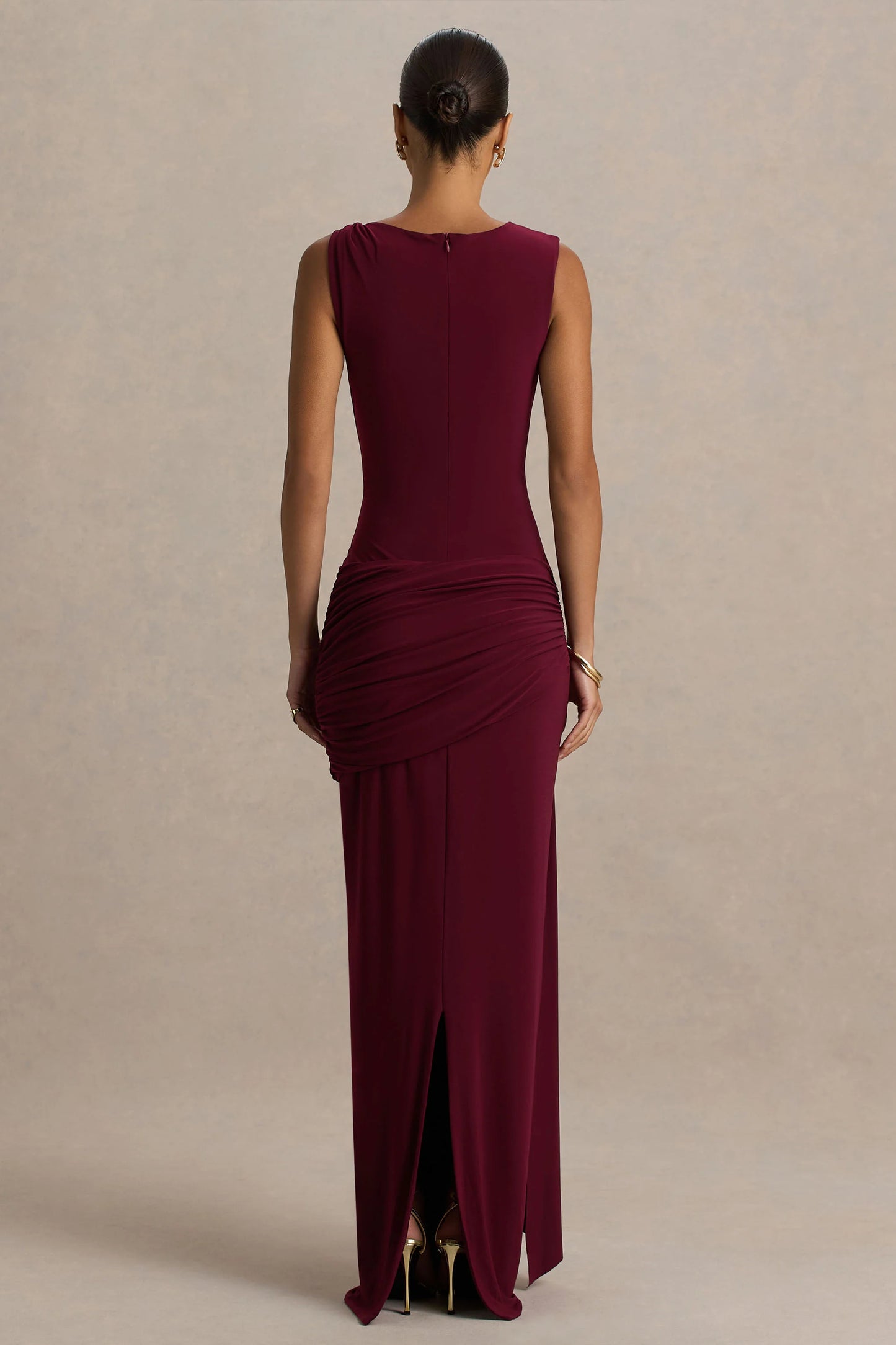 Decadence Burgundy High-Neck Wrapped Maxi Dress With Twist-Sleeve
